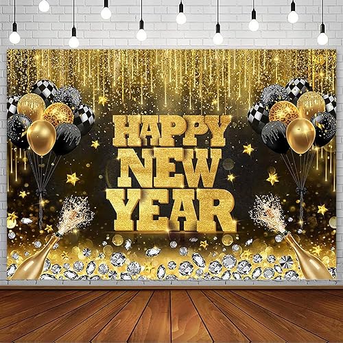 Miniatura 1 de AIBIIN Fondo negro y dorado de 7 x 5 pies, para fiesta de conteo regresivo, Hello 2024, globo brillante de fuegos artificiales, color champán