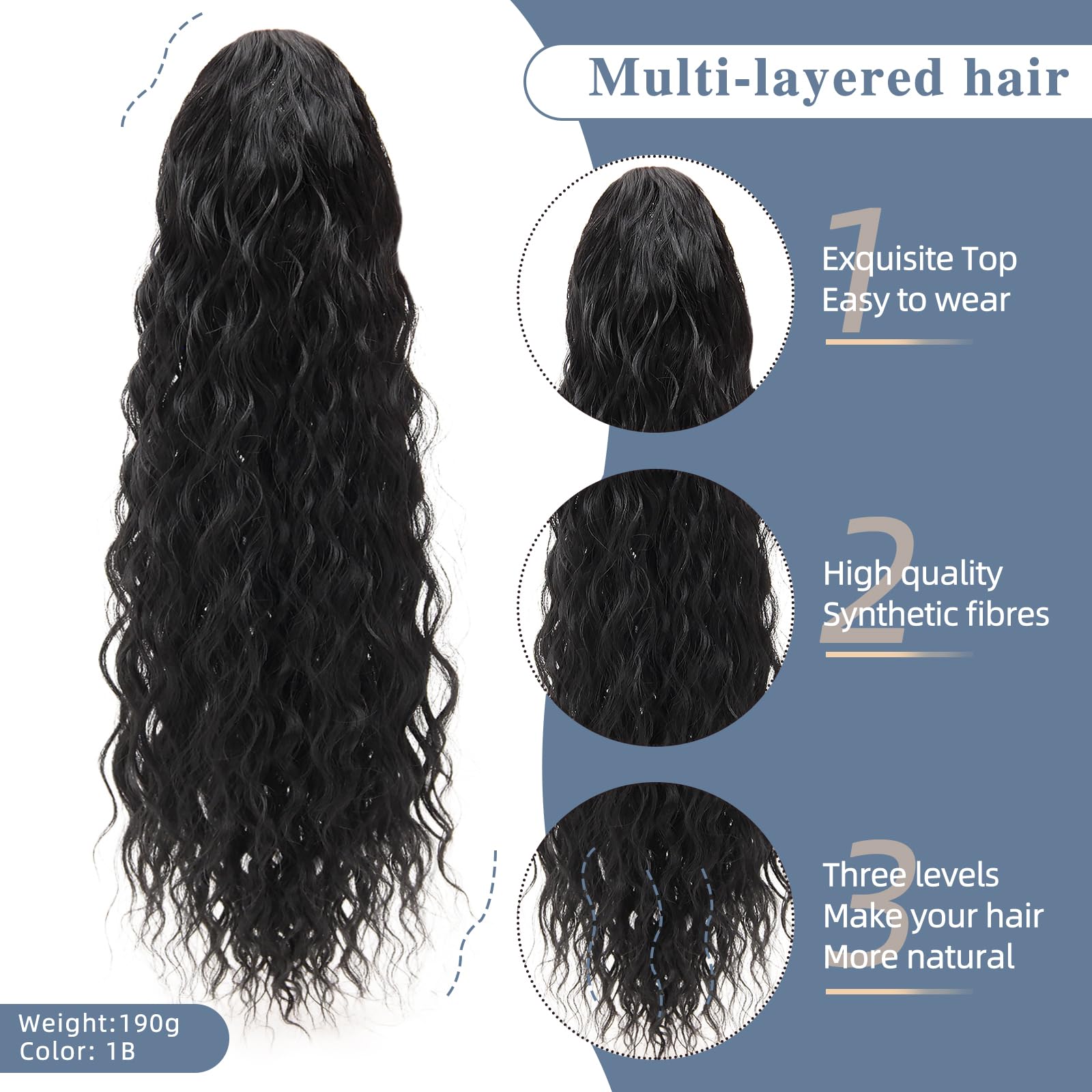 SuyiIRL Ponytail Extension,Curly Drawstring Ponytail Extension for Black Women Synthetic Clip in Ponytail Extension Brown Black Long Curly Wavy 24 Inch Fake Ponytail Hairpieces for Daily Use