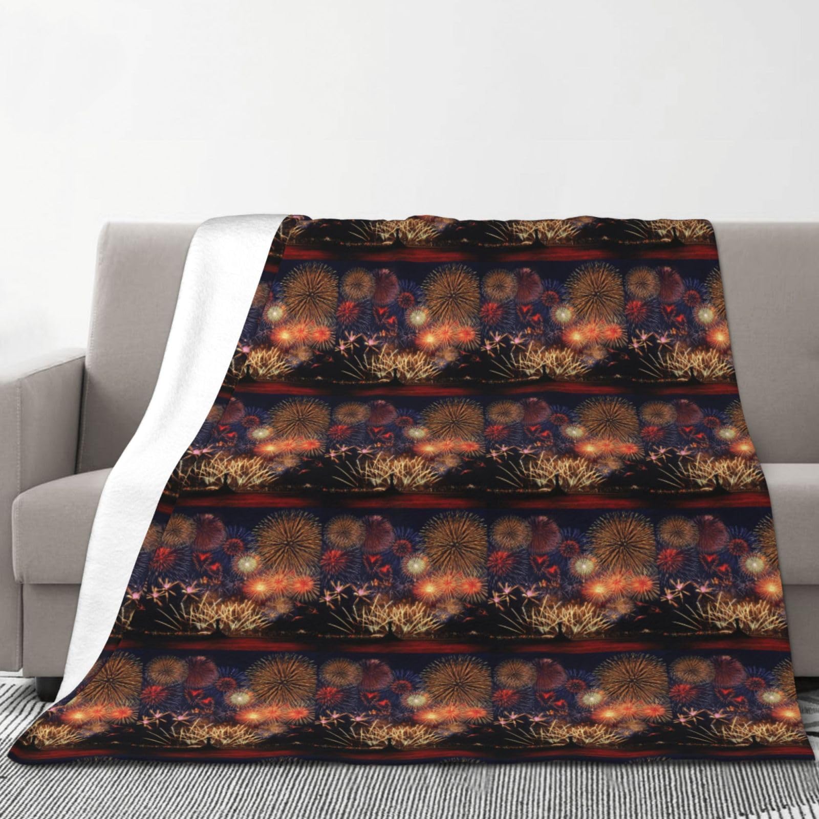 Couverture en flanelle avec imprimé feux d'artifice - 178 x 203 cm - Chaude et douillette - Pour l'hiver - Pour camping ou voyage