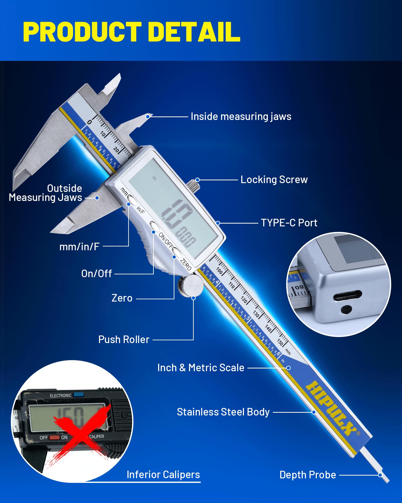 Digital Caliper - 6" Stainless Steel with USB-C Charging -6