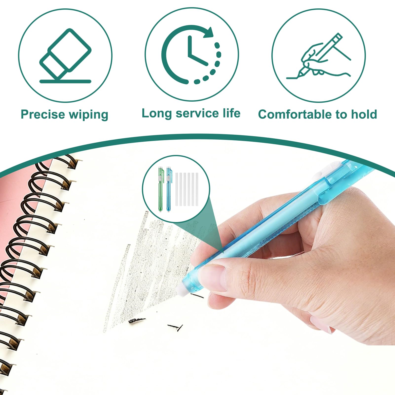 2 Piezas Gomas de Borrar Estilo Boligrafo, Borrador Mecanico Retractil con 6 Recambios para Dibujo Escritura Oficina Escuela, Lapiz Borrador Mecánico de Precisión para Lápiz Bocetos Cuaderno Papelería
