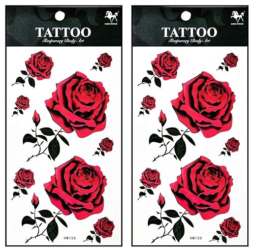 Tatuajes 2 hojas flores rosas rojas tatuajes temporales cuerpo pierna brazo cintura arte etiqueta engomada extraíble estilo 3D moda tatuaje para