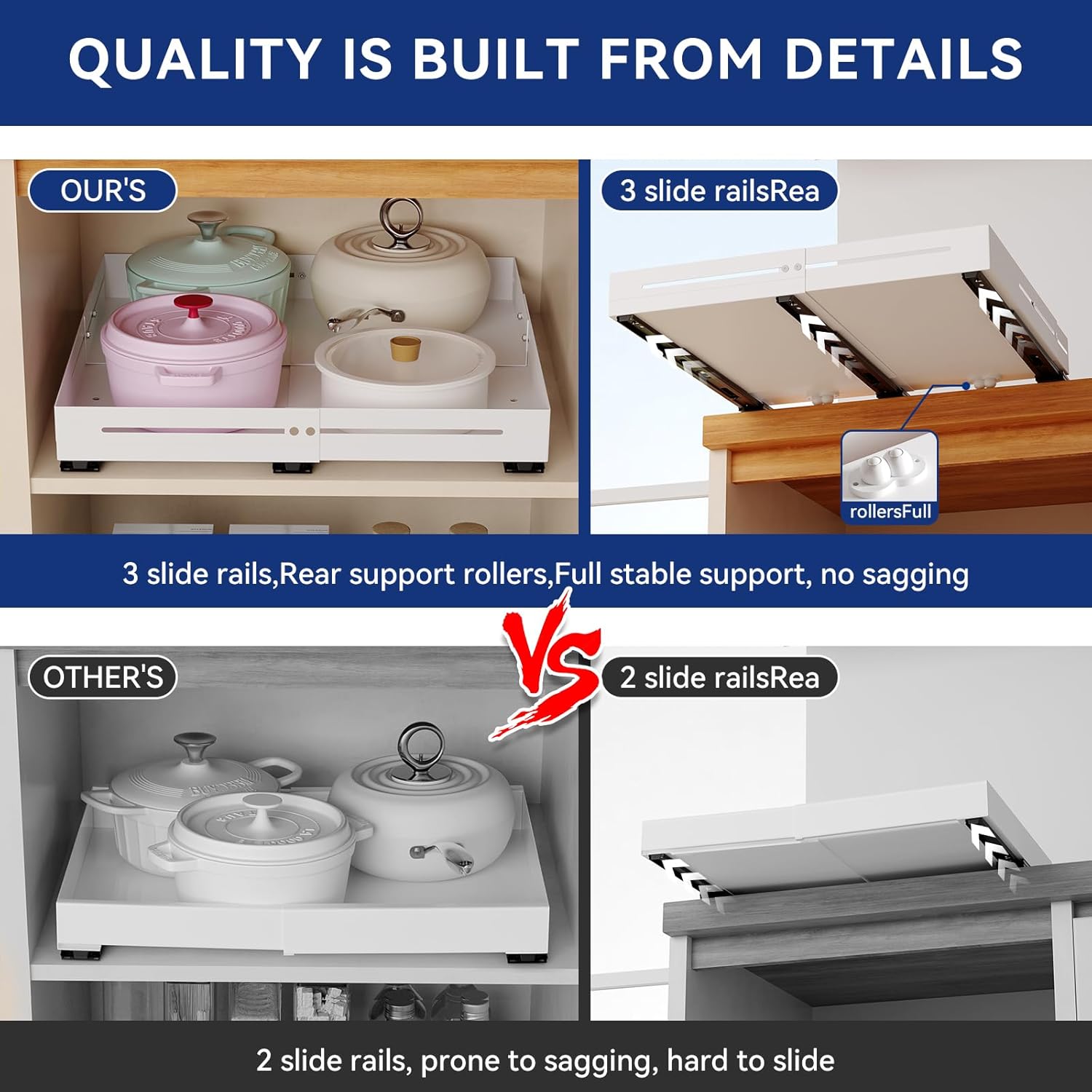 Pull out Cabinet Organizer, Full Metal Expandable Width (14.8"-20.8") & Depth (12.4"-17.7") Adjustable Slide out Drawers, No Drill Adhesive Roll out Shelves for Kitchen Pantry, White