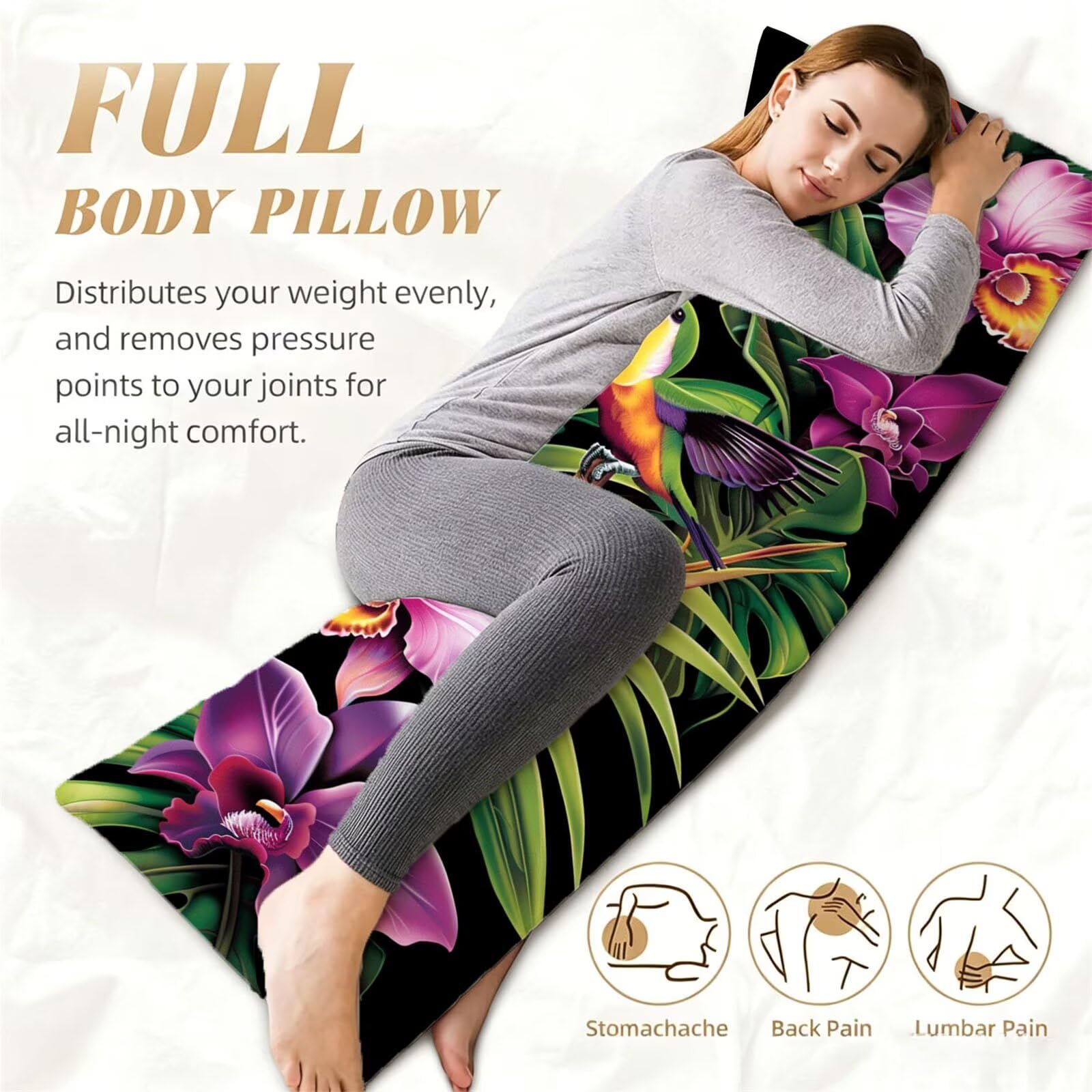 Funda de Almohada 60 x 180 cm Verde Protector Almohada 180 cm con Cremallera Invisible, Lino Durable y Transpirable Pillow Case Largas Flor Impresión a Doble Cara para Cama, Sofá y Dormitorio dg-464