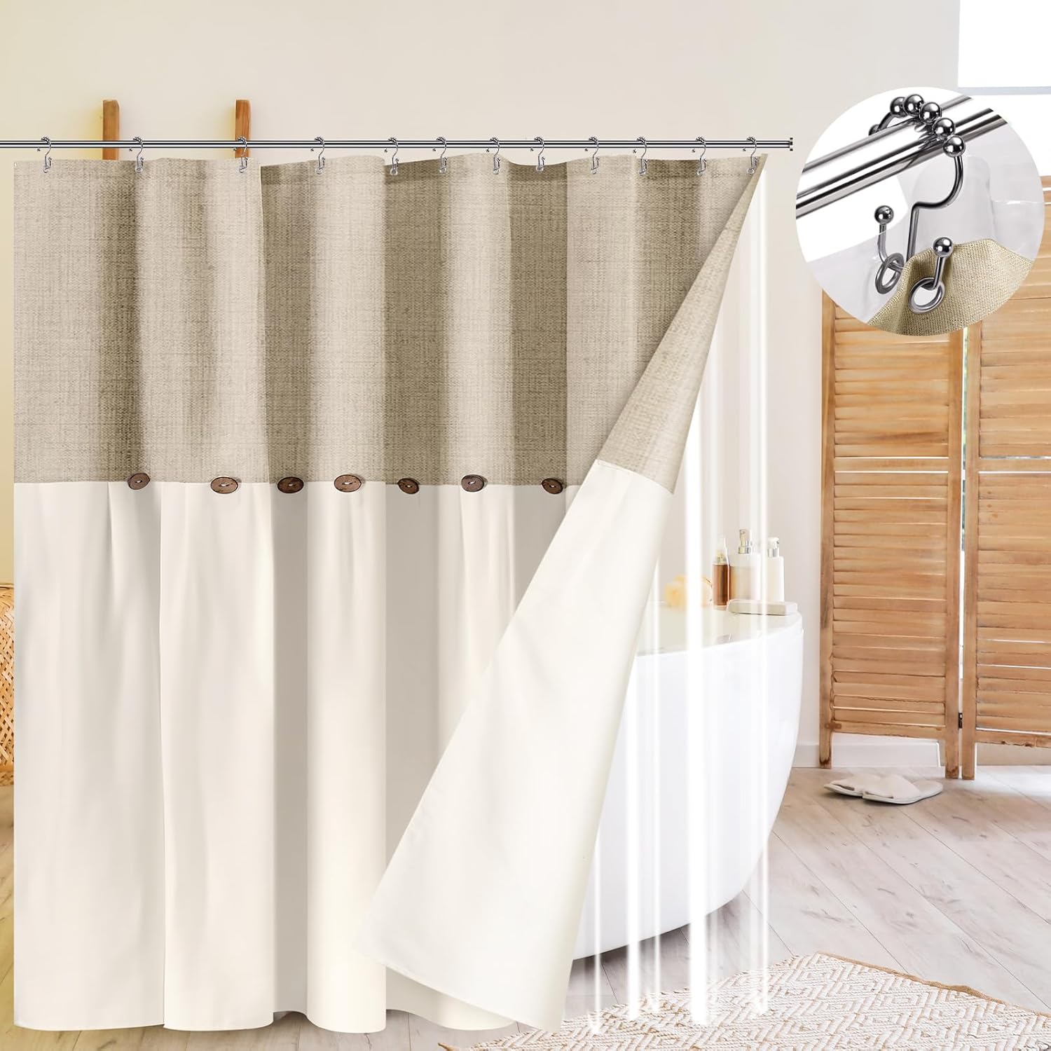 3 in 1 Farmhouse Boho Button Shower Curtain and Clear Curtain Liner Set with 12 Double Rings Linen and Cotton Woven Fabric Rustic Decor for Bathroom, 70''x70''(Flaxen, Cream Color)