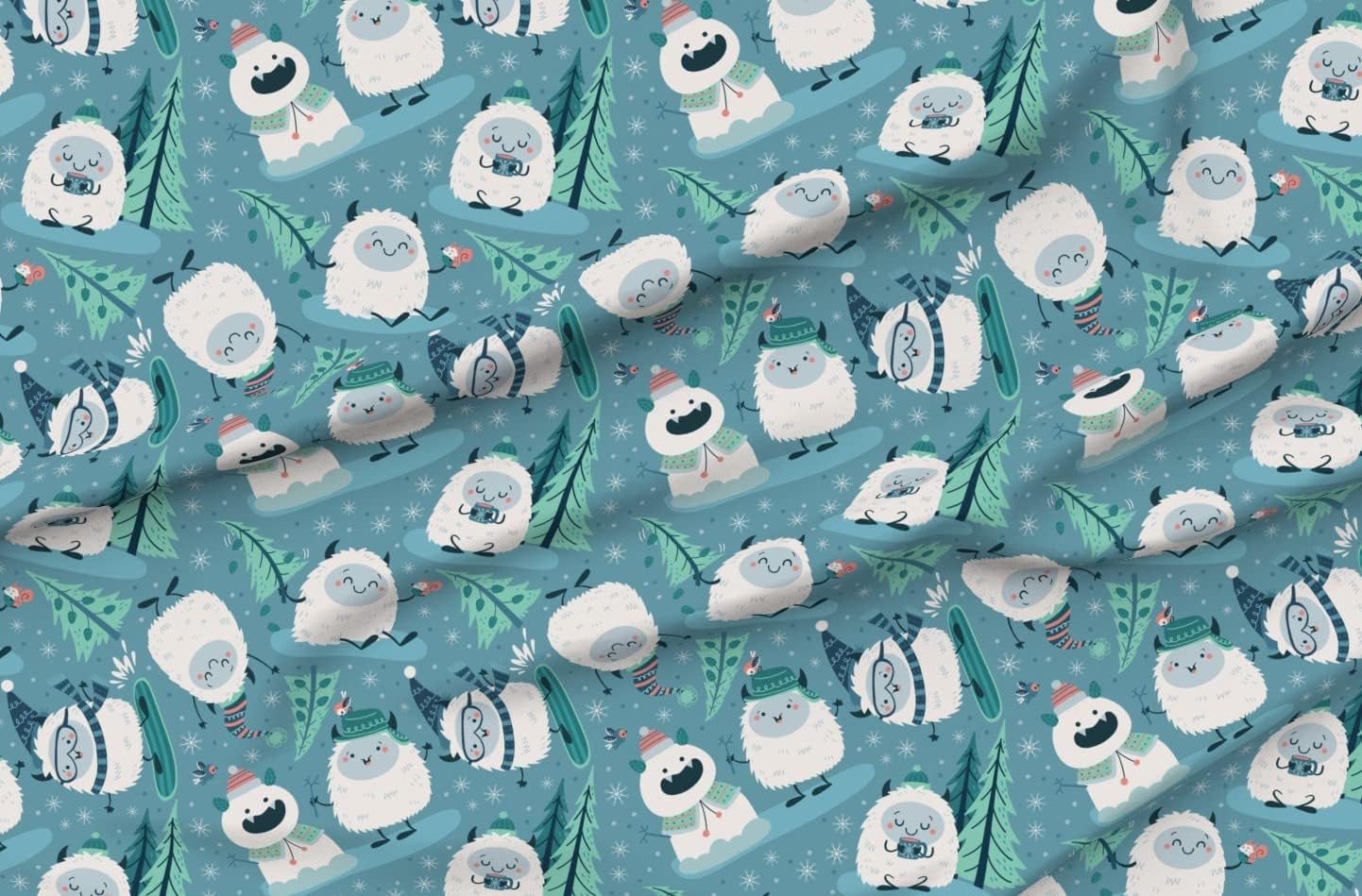 Spoonflower Fabric - Cute Blue Winter Snow Fantasy Monster Magic Printed on Minky Fabric by The Yard - Sewing Baby Blankets Quilt Backing Plush