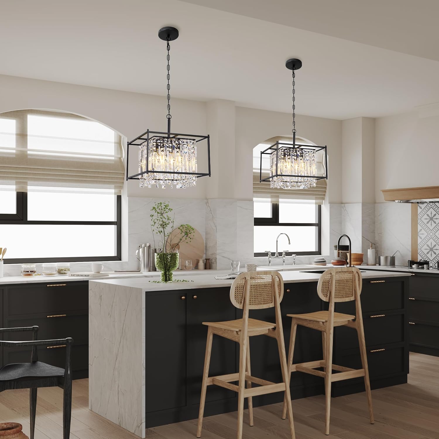 Black Chandeliers for Dining Room, Black Square Industrial Chandelier Crystal Pendant Light for Kitchen Island Dining Room Living Room Flat and Inclined Ceiling,L16 x W16 x H17.5