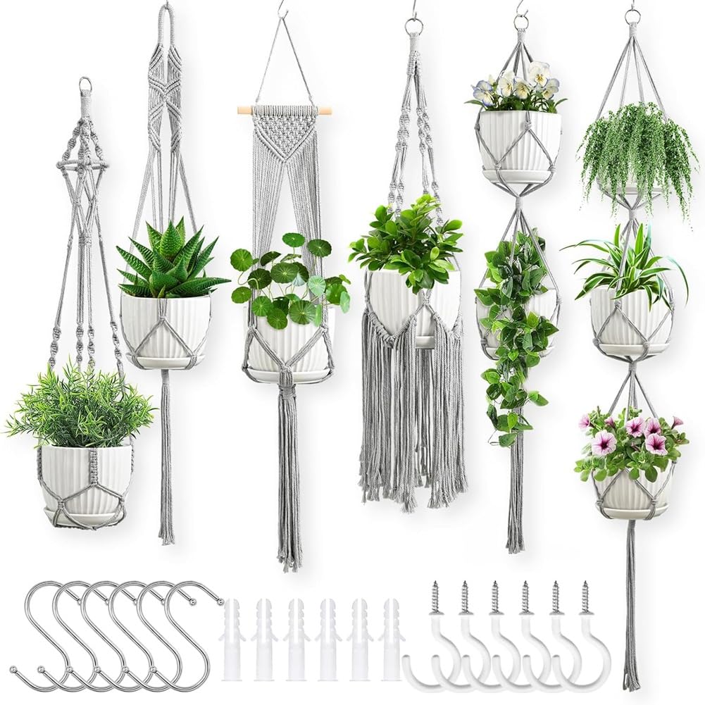 Vjsujehgy Hanging Plant Holders 6Pack Macrame Plant Hangers Indoor,Flower Pot Stand Boho Decor Planter