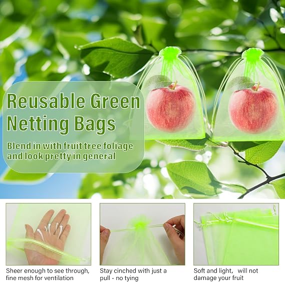 120 PCS Fruit Protection Bags, 6 x 9in Green Drawstring Mesh Cover Bags, Fruit Protectors Pest Barrier Fruit Netting Bag for Fruit Trees to Protect Grapes Vegetables Tomato Mango Strawberry Garden