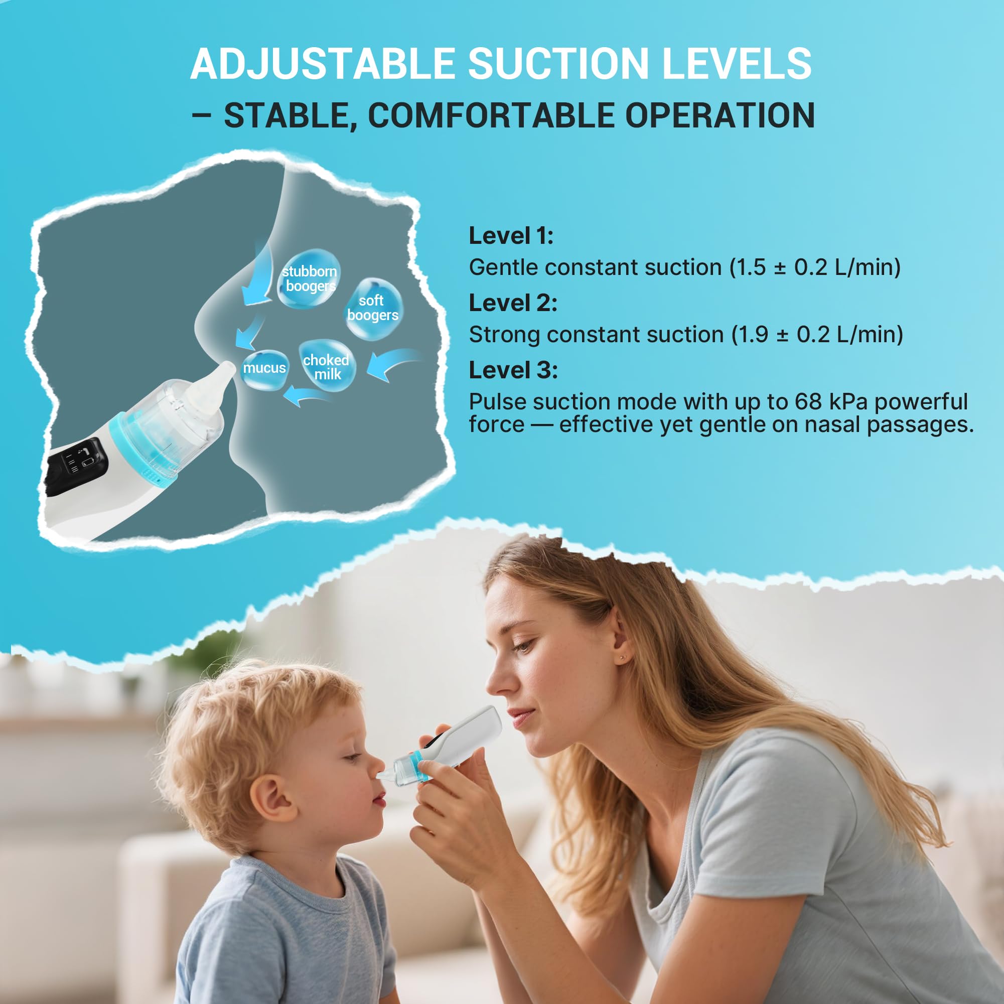 Mibest Aspiradores nasales para bebés, limpiador eléctrico de nariz con 3 niveles de succión, 4 puntas de silicona, recargable por USB, ventosa silenciosa y segura para recién nacidos, bebés y niños