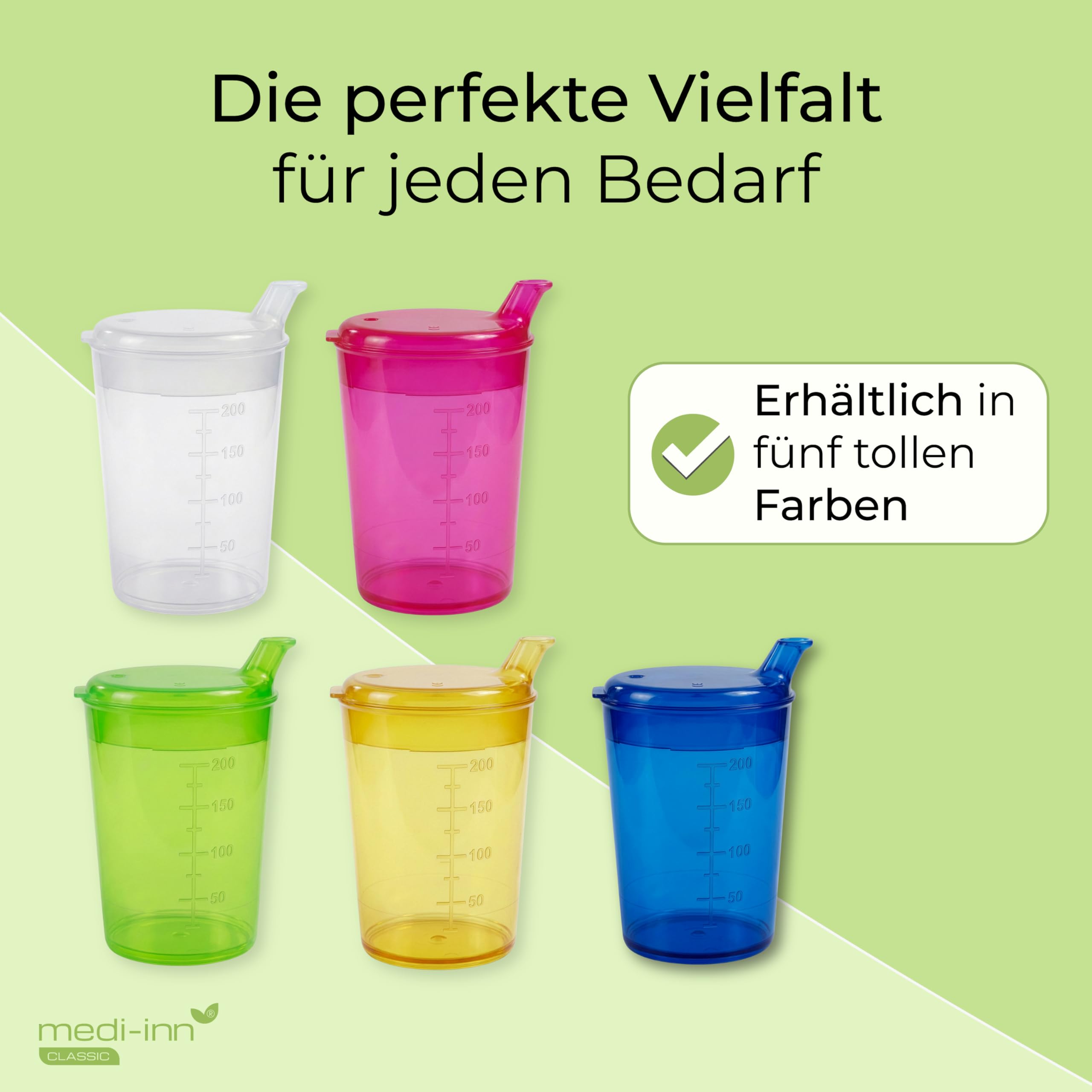 Medi-Inn+ Vasos de pico de 250 ml, apertura para beber 4 x 4 mm, juego de 10 vasos + 10 tapas (10 juegos = 100 vasos + 100 tapas)