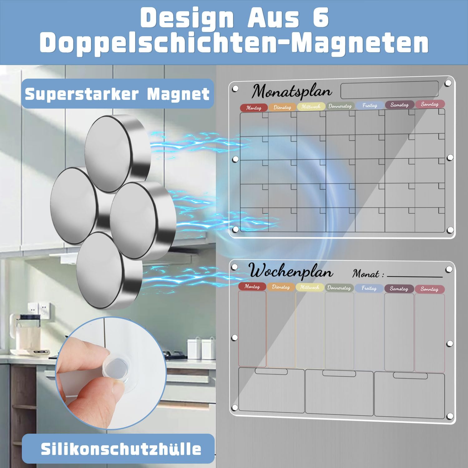 2 Stück Wochenplaner Abwischbar, Acrylic Magnettafel Kühlschrank, Monatsplaner Abwischbar, Wochenplaner Magnetisch Kühlschrank, Deutsch Farbdruck Acrylic Transparent Planungstafeln (40x30cm)
