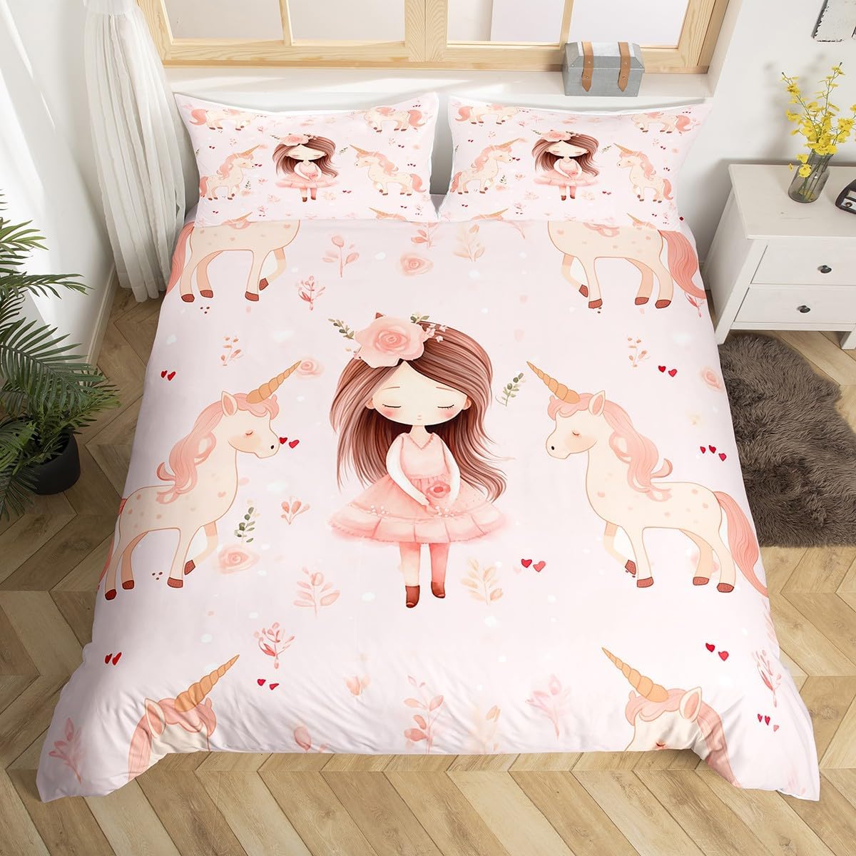 Manfei Cute Princess Girl Duvet Cover Full Size for Kids,Cartoon Unicorn Horse 3 Pieces Duvet Cover,Rustic Flowers Plants Soft Comforter Cover (Not Comforter),Dreamy Girly Botanical Quilt Cover