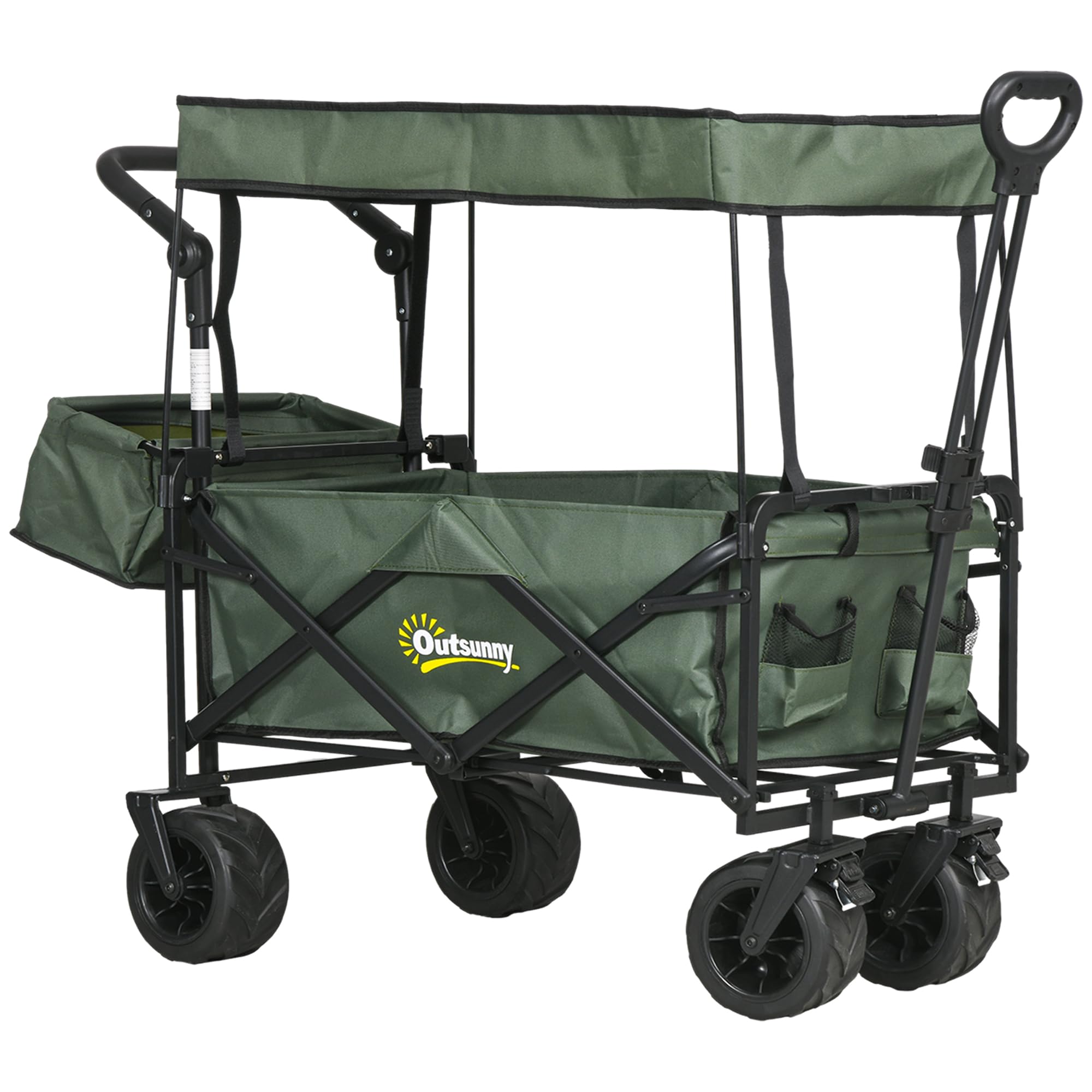 Outsunny 120L Festival Trolley on Wheels, Folding Camping Trolley Cart with Removable Canopy, All-Terrain Wheels, Adjustable Handle, Push or Pull for Garden Beach Fishing Shopping, Green