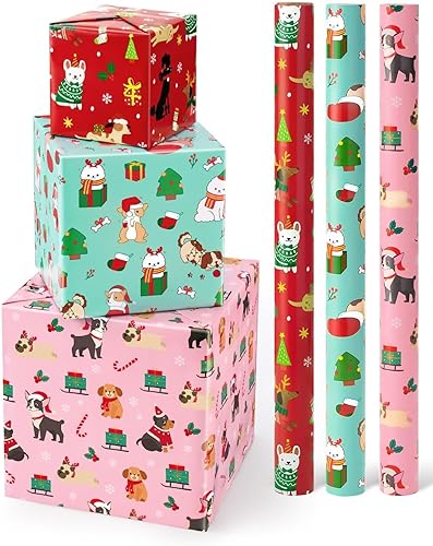 Rollos de papel de regalo de Navidad para perros, 3 rollos de papel de regalo de Navidad de 17 x 120 pulgadas, papel de regalo de Navidad, papel de