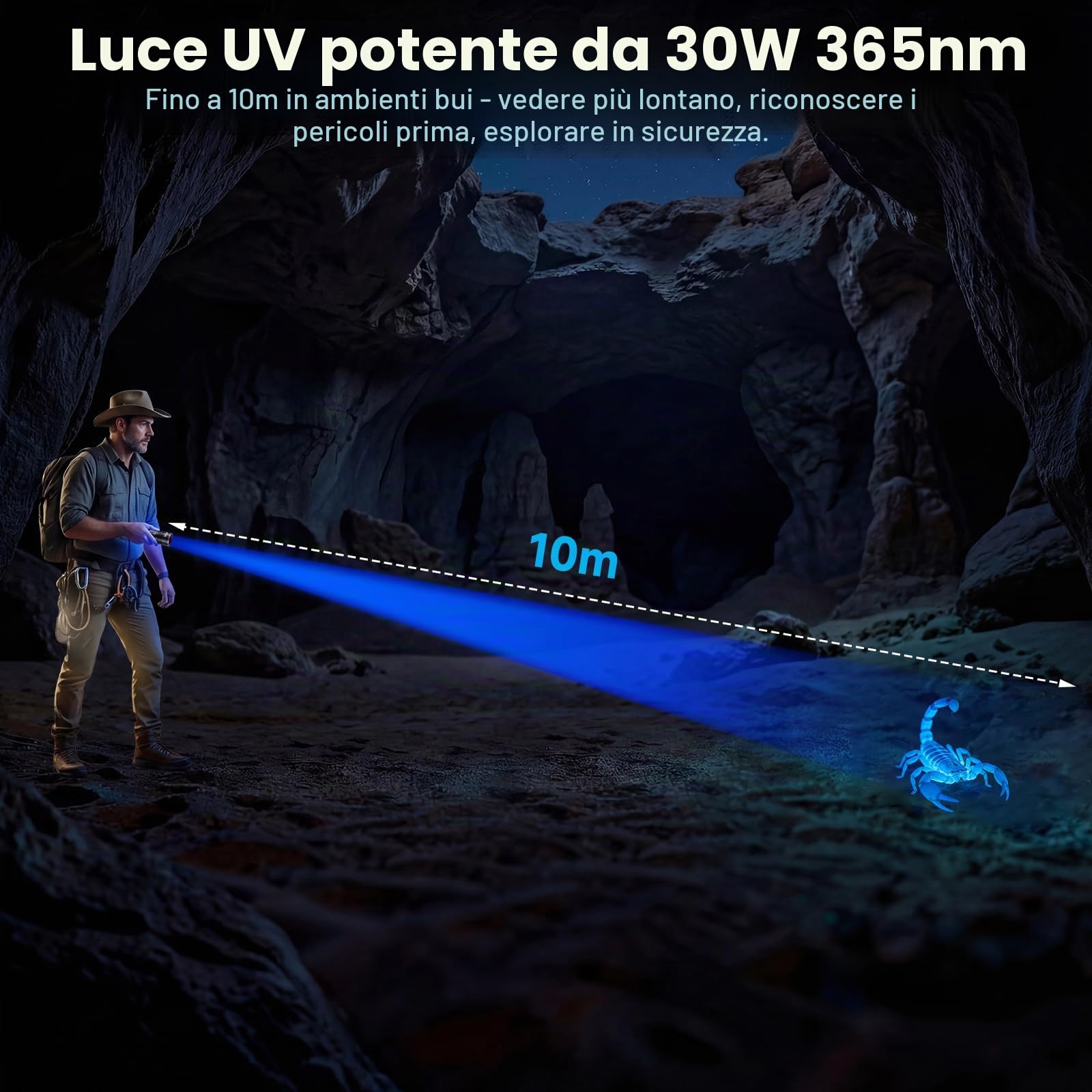 Shadowhawk Luce nera da 365 nm con lente filtrante, torcia UV da 30 W, 4 nuclei, ricaricabile, con display LCD, lampada UV per ricerca di ambra, scorpioni, test di urina animale, indurimento in resina
