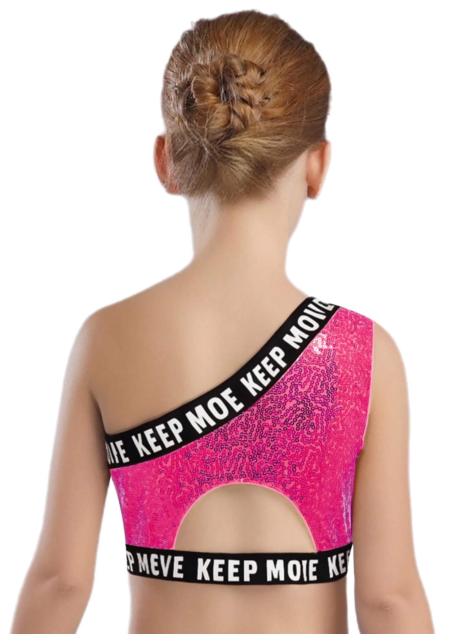Mufeng Kids Girls One Shoulder Shiny Sequin Tank Tops Gymnastics Ballet Jazz Hip-Hop Dance Cropped Vest Dancewear Hot Pink 8 Years