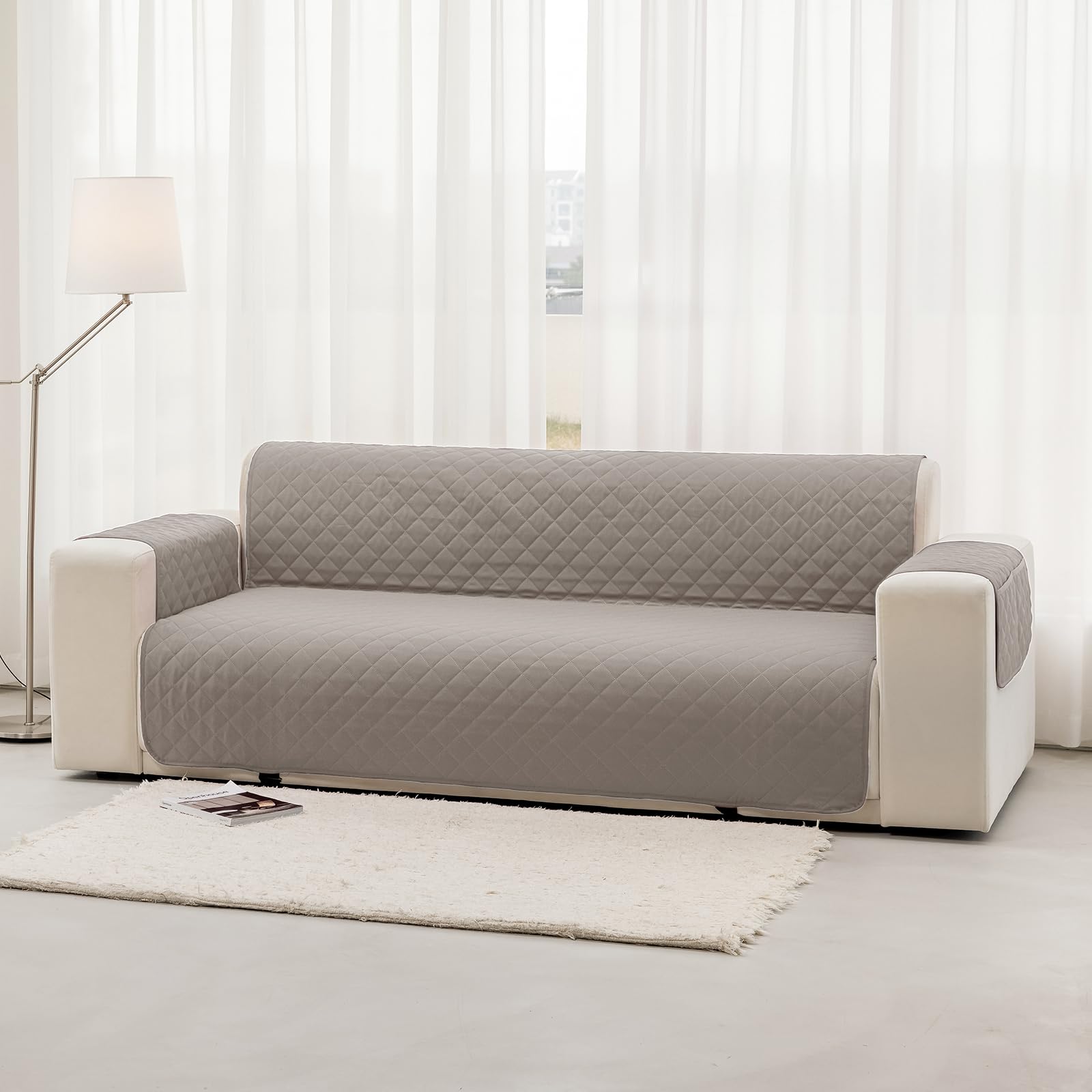 Funda de Sofa 4 Plazas 220 cm Impermeable, Fundas de Sofa Anti Gatos con Brazos, Protector Sofa Universal Reversible, Gris Claro