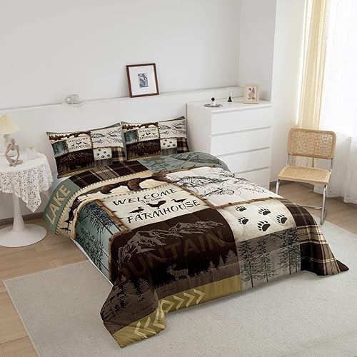 Miniatura 3 de Juego de edredón rústico de oso tamaño Queen, edredón de cabaña de lago para niños, niñas y jóvenes, edredón alternativo de plumón de pinos de