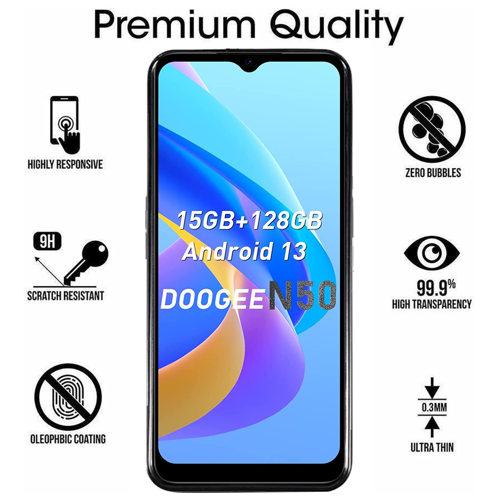KUSINHOKA Cover per Doogee N50 + [3 Pezzi] Pellicola Vetro Temperato, Morbido Silicone [Antiurto] Custodia, Leggero [Anti-Graffio] TPU Bumper Case Protettiva Custodia per Doogee N50, Nero