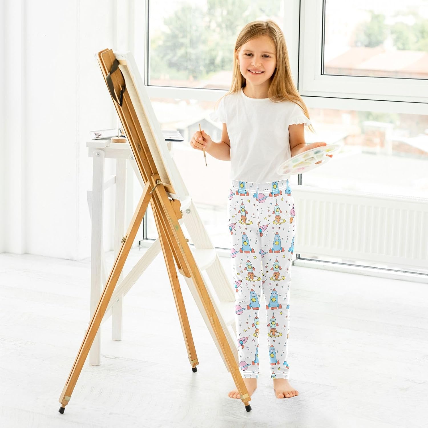 GAIREG Printed Girls Leggings Cute Rocket White