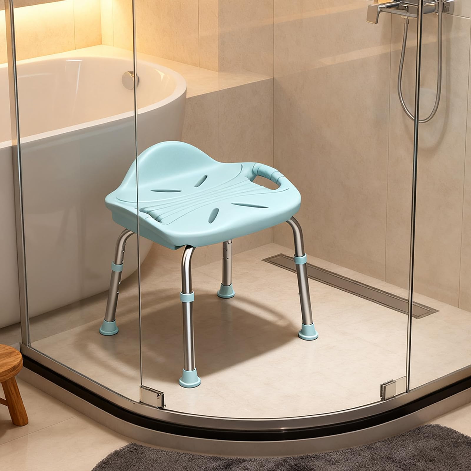 Taboret prysznicowy dla seniorów, obciążenie 150 kg, lekki aluminiowy taboret łazienkowy z regulacją wysokości, krzesło prysznicowe z antypoślizgowymi gumowymi nóżkami, małe oparcie i