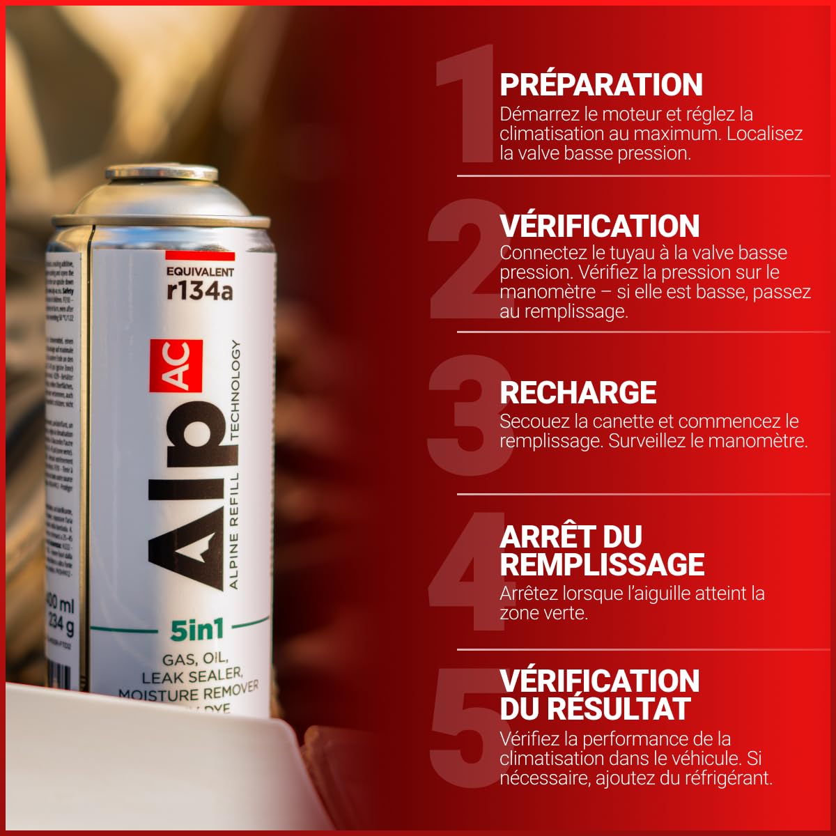 AlpAC 5-en-1 Recharge Climatisation Voiture R134a – Gaz Substitut avec Lubrifiant Compresseur, Anti-Fuite et Traceur UV – Kit Complet Entretien Clim Auto – Solution Économique DIY