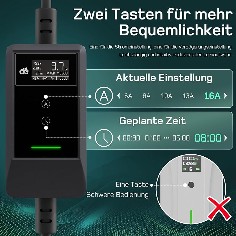 dé Type 2 Schuko 3.7 kW elektromos autó töltőkábel 15m LCD kijelzővel