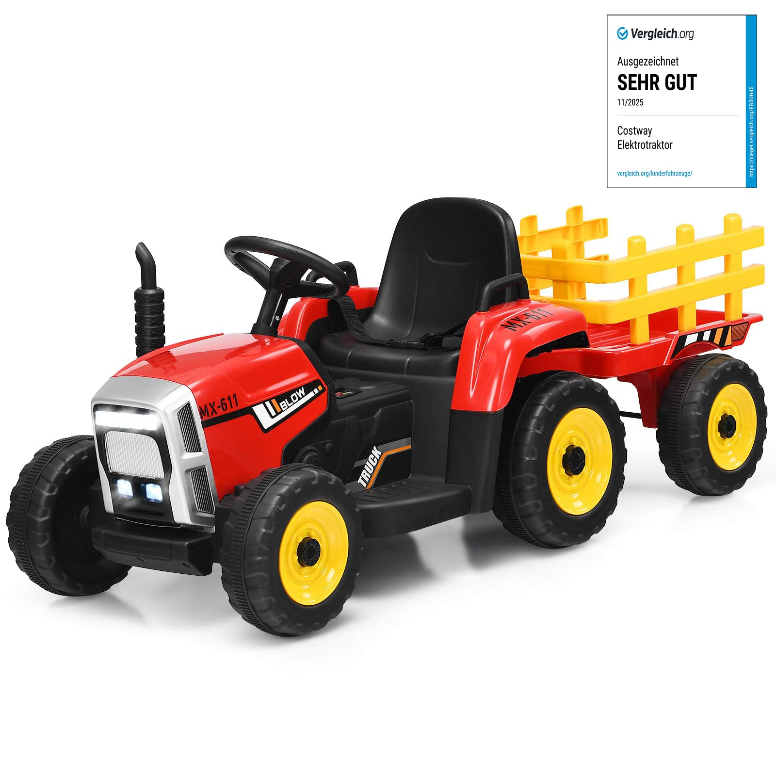 COSTWAY Trattore con Rimorchio Cavalcabile per Bambini 12V, Trattore Elettrico Telecomandato, con Luci e Suoni, 30kg, 3+ Anni (Rosso)