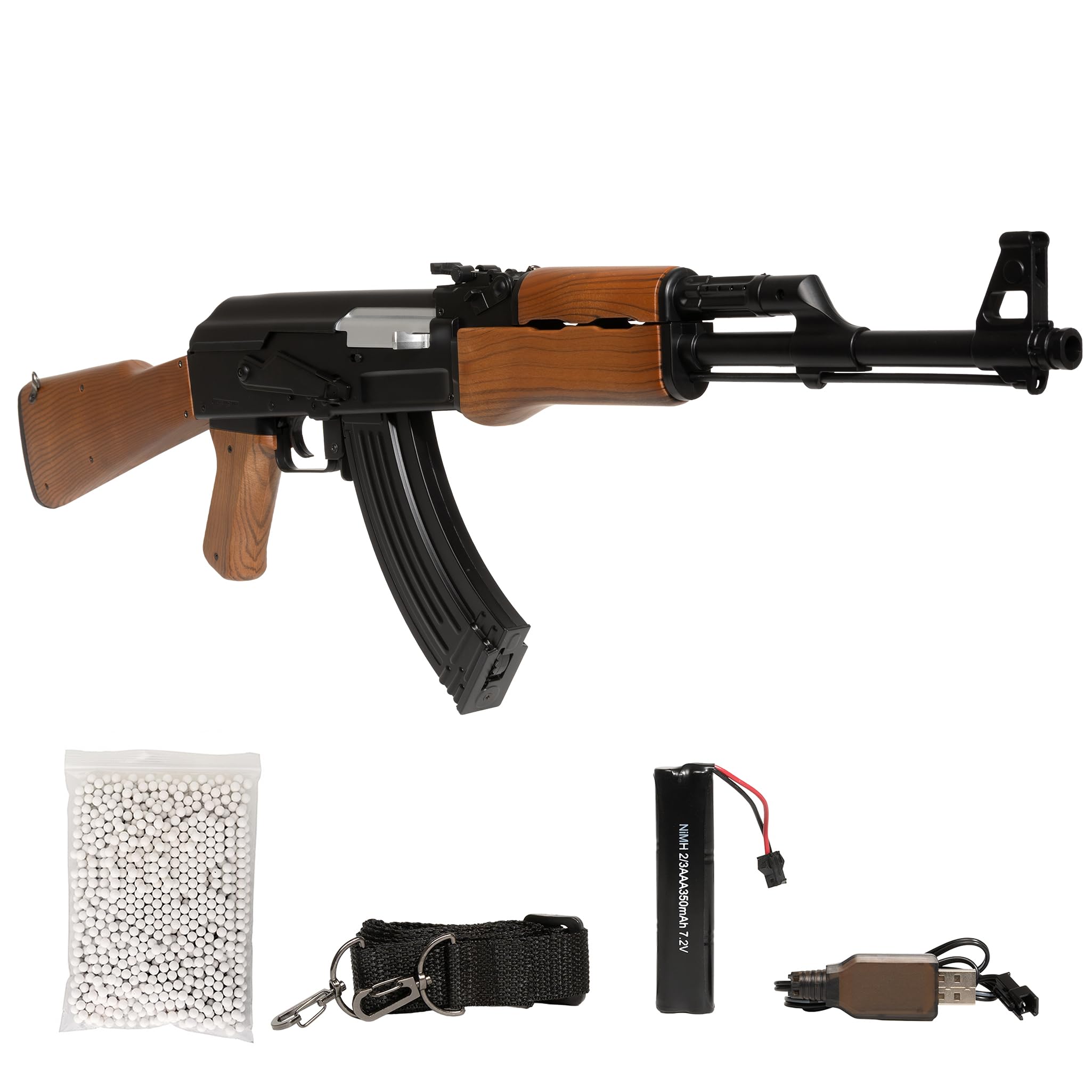 AK 47 softair elettrico, POTENZA 0,9 JOULE, raffica/singolo/sicura, caricatore 50 colpi, batteria Ni‑MH 7,2V + caricabatterie inclusi, 870mm 830g, 1000 pallini inclusi