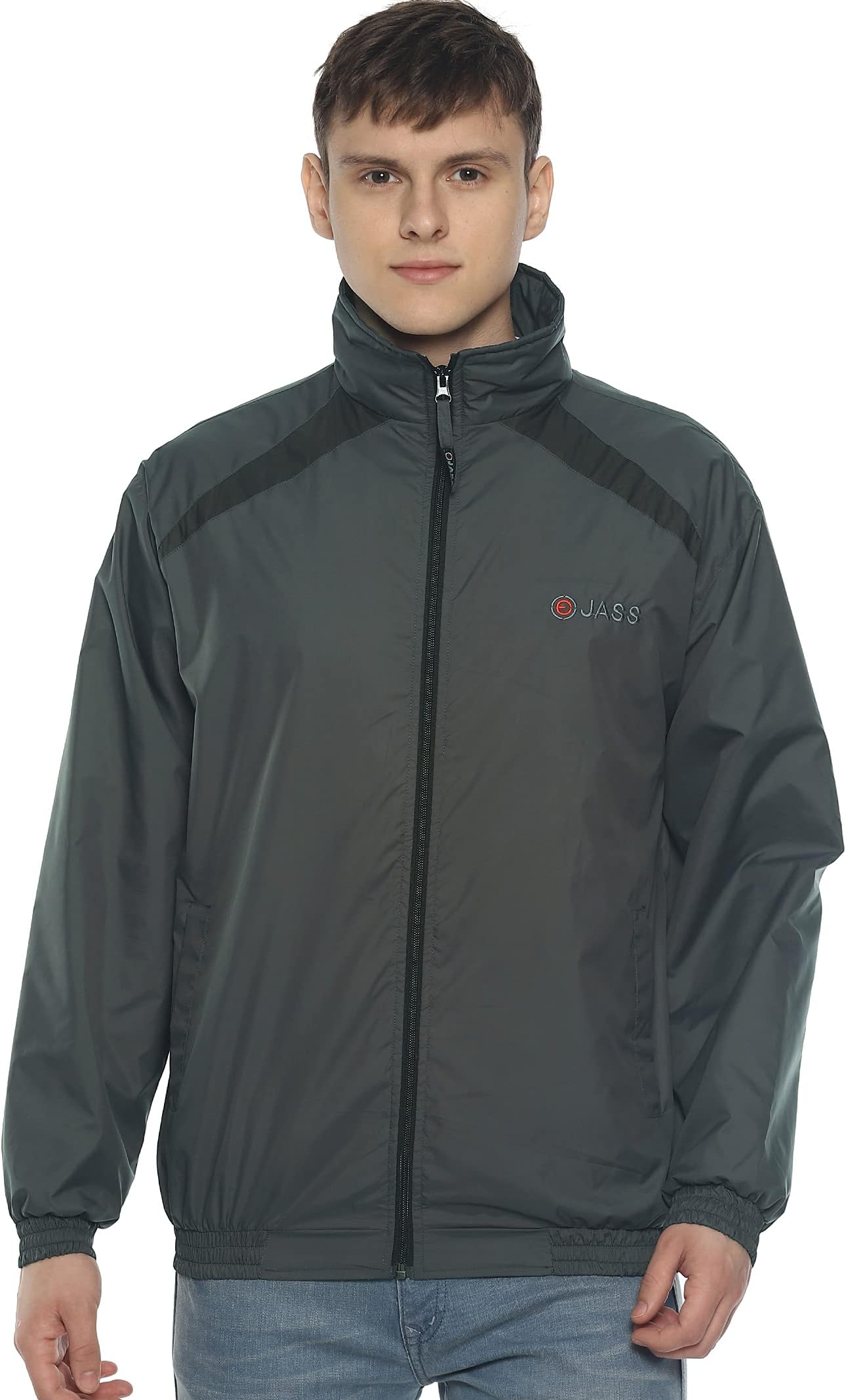 Mens OJASS Jacket for Men,Lightweight & Wind-Resistant with Reflective Bike Jacket for Man High Neck Relaxed Fit-Stylish Windbreaker for Outdoor & Biking Black With Grey