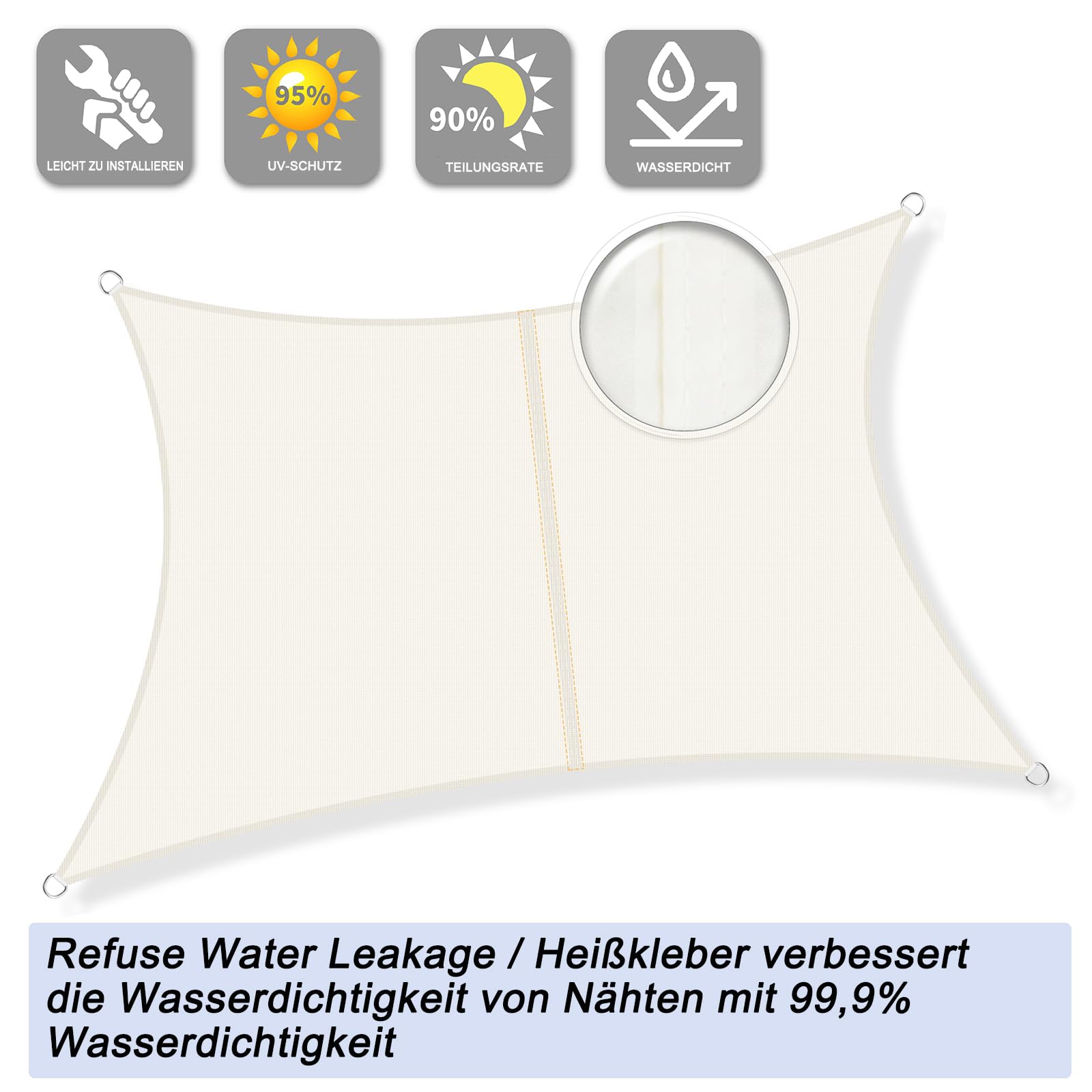 Sunnylaxx 3x4m Sonnensegel Rechteckig, Wasserdicht Sonnenschutz Sunsegel Color Creme, 95% UV-Schu... Ansicht 2