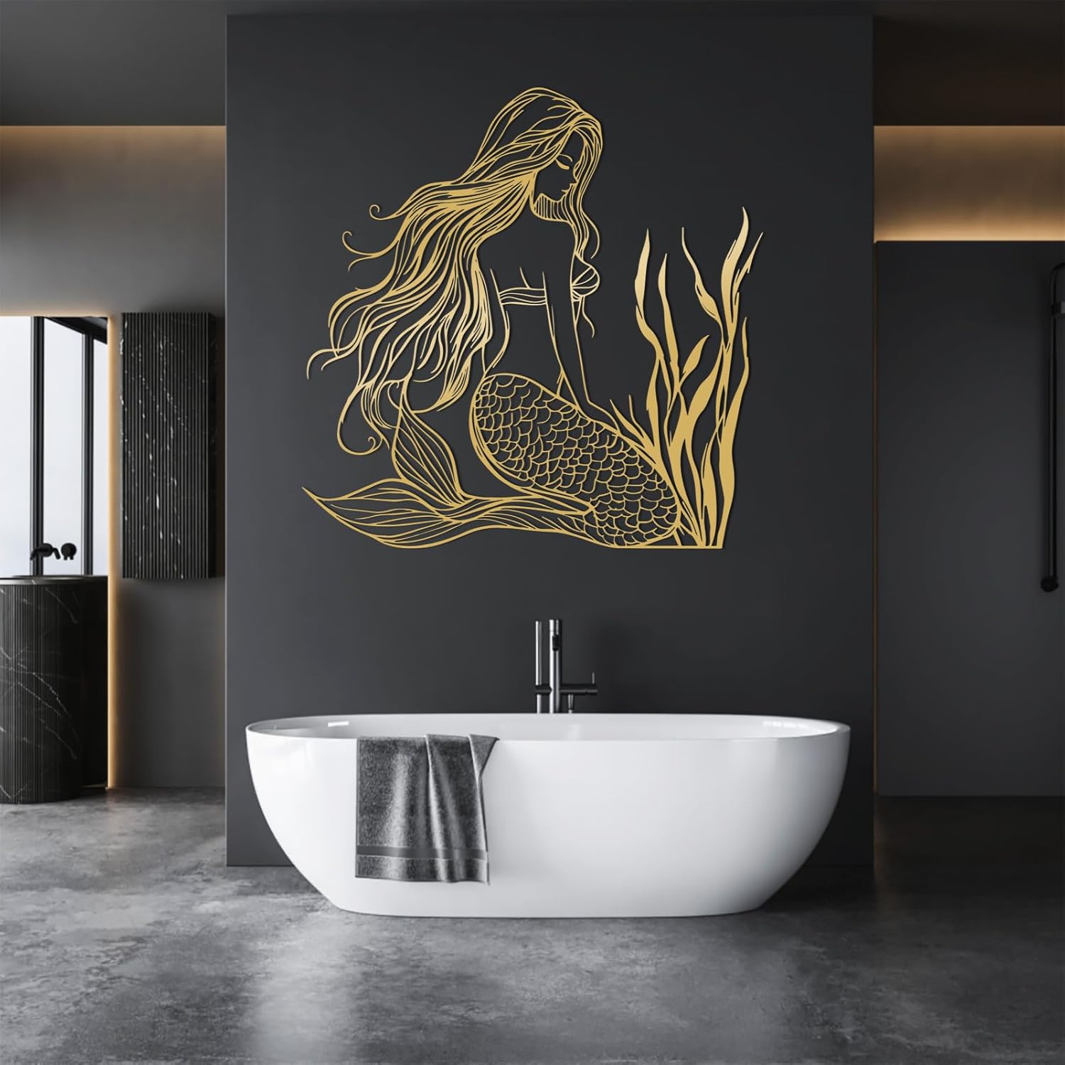 EANHIPE Mermaid Metal Wall Decor, Nautical Mermaid Metal Wall Art, Ocean Wall Art, Sea Life Wall Mount, Bathroom Decor, Beach Decorations for Home, Living Room (Silver, 28"x28"/70x70cm)