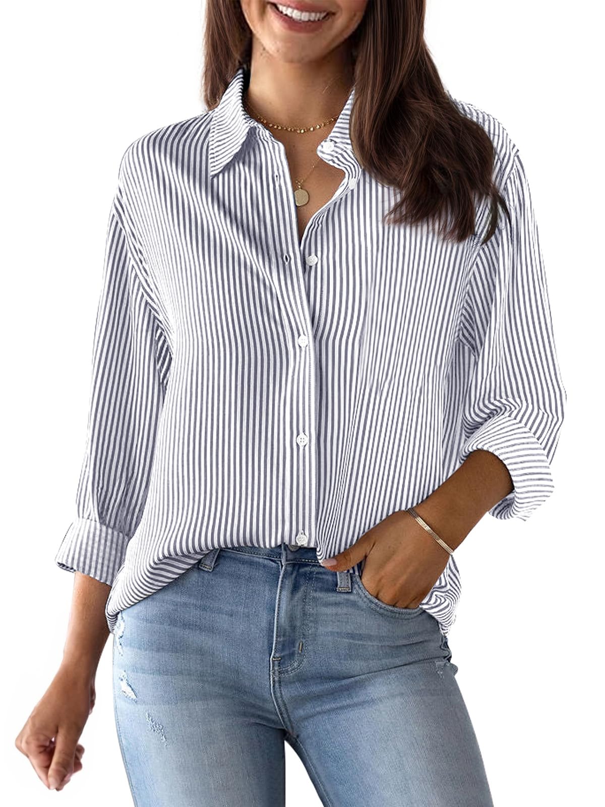 siliteelon Womens Button Down Shirts Cotton Striped Dress Shirt Long Sleeve Collared Office Work Blouses Tops