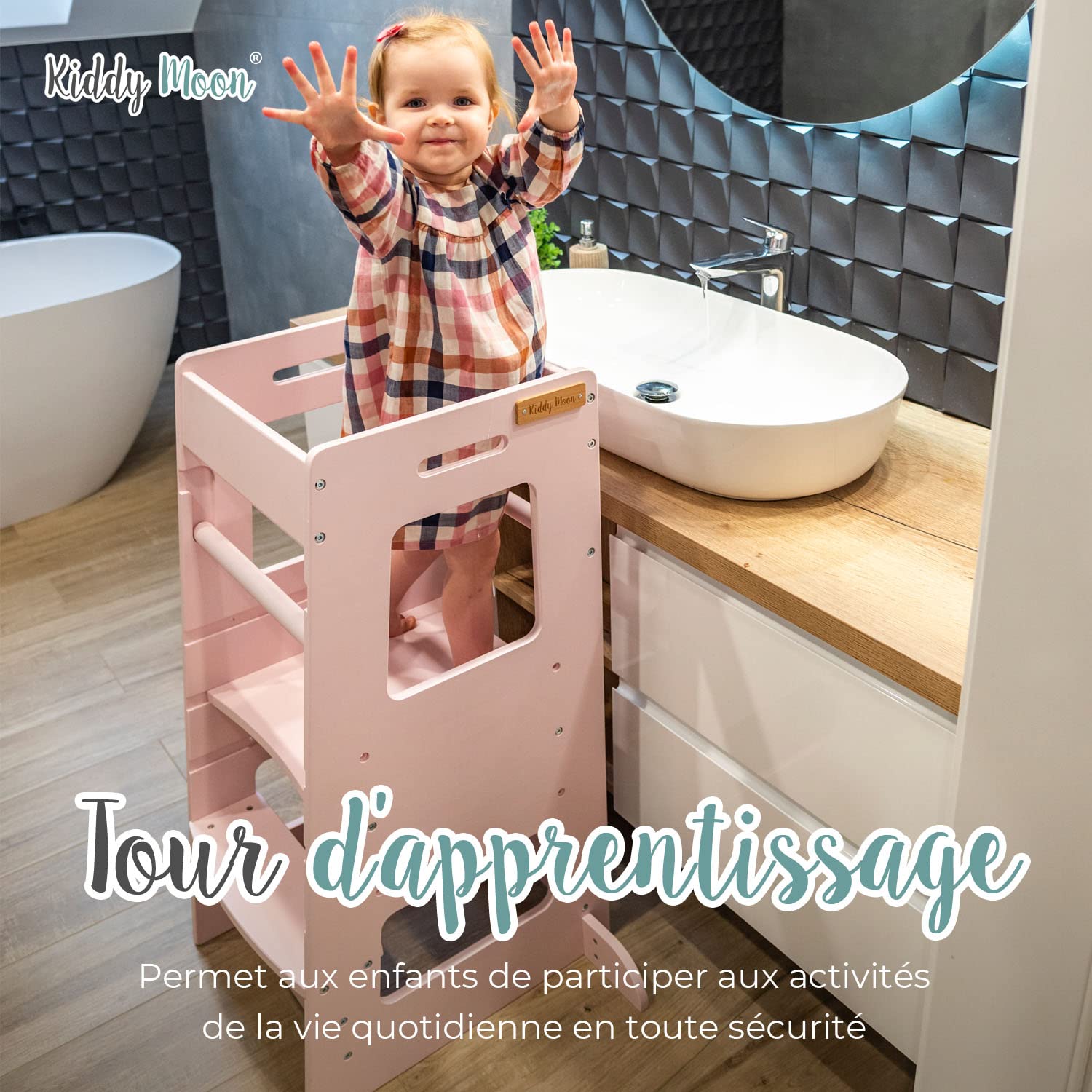 KiddyMoon Tour d'apprentissage/D'observation Montessori pour Enfant en Bois 3 Hauteurs Réglables Pieds Anti-Bascule, Noir