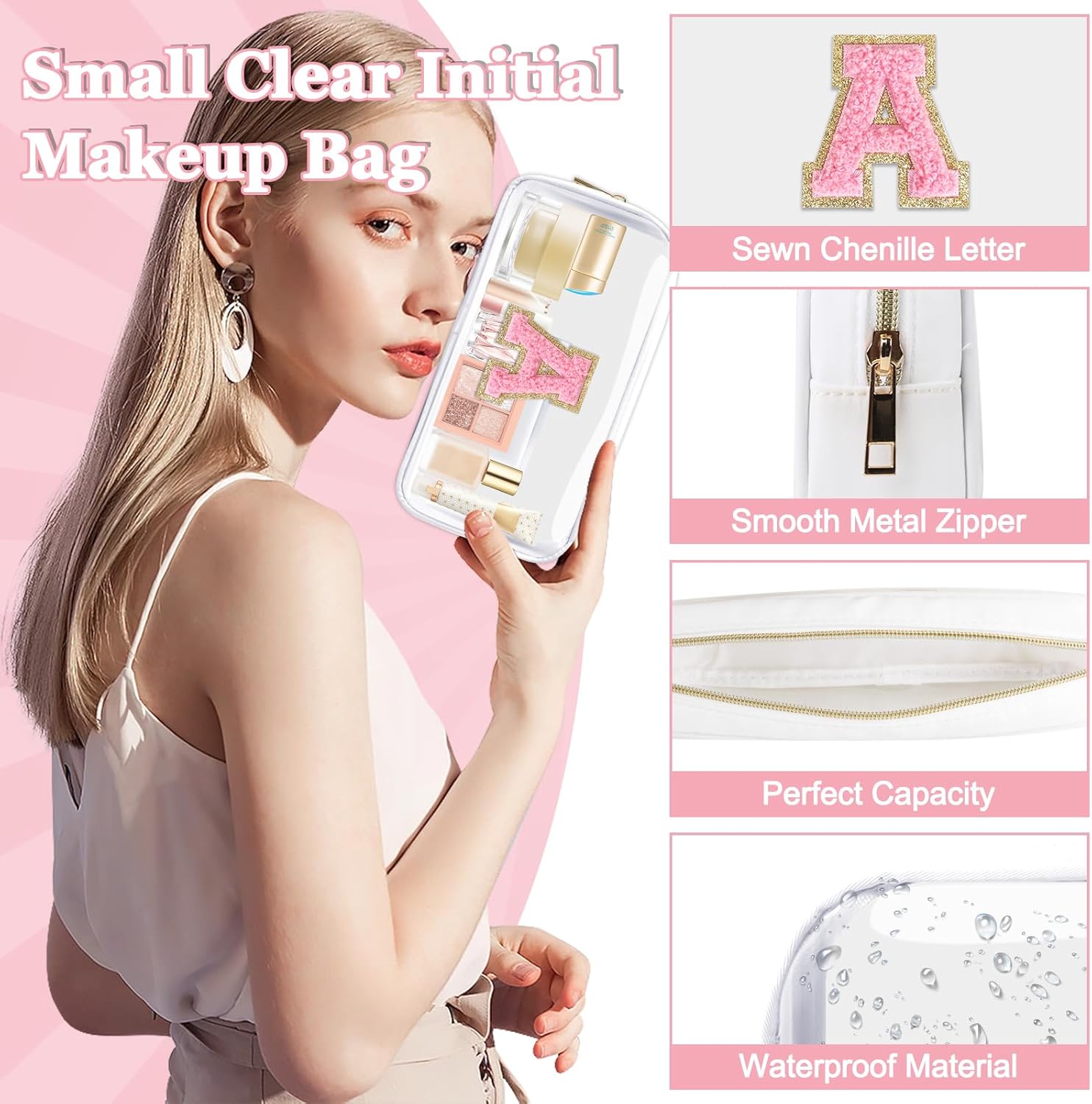 Small Clear Personalized Initial Makeup Bag,Nylon Preppy A-Z Chenille Letter Patch Cosmetic Pouch Beach Toiletry Bag,Waterproof Zipper Travel Purse Storage Bag Organizer for Women Girls(White-Pink A) - Image 3