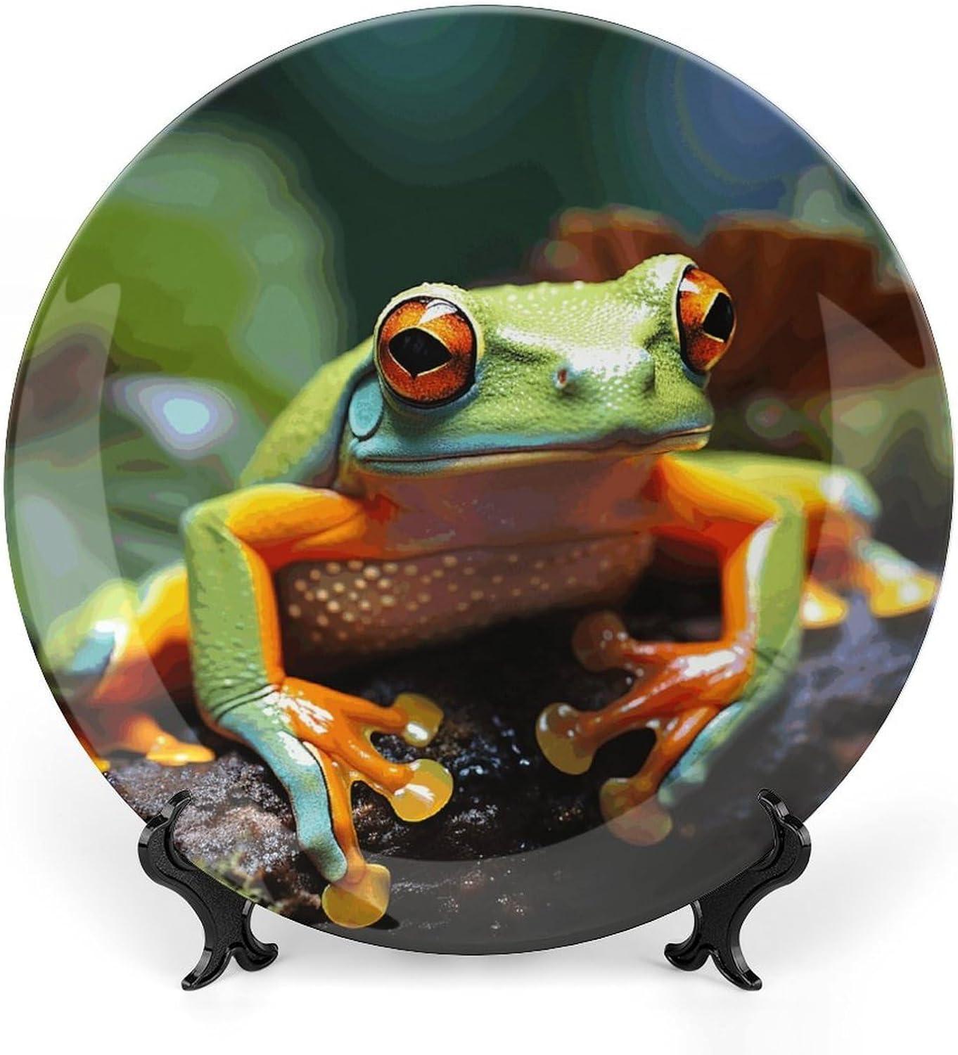 Lovely Tree Frogs Bone China Decorative Plate with Display Stand, Ceramic Ornaments Plate for Wall Hanging, Personalized Porcelain Plates for Office, Living Room 8inch