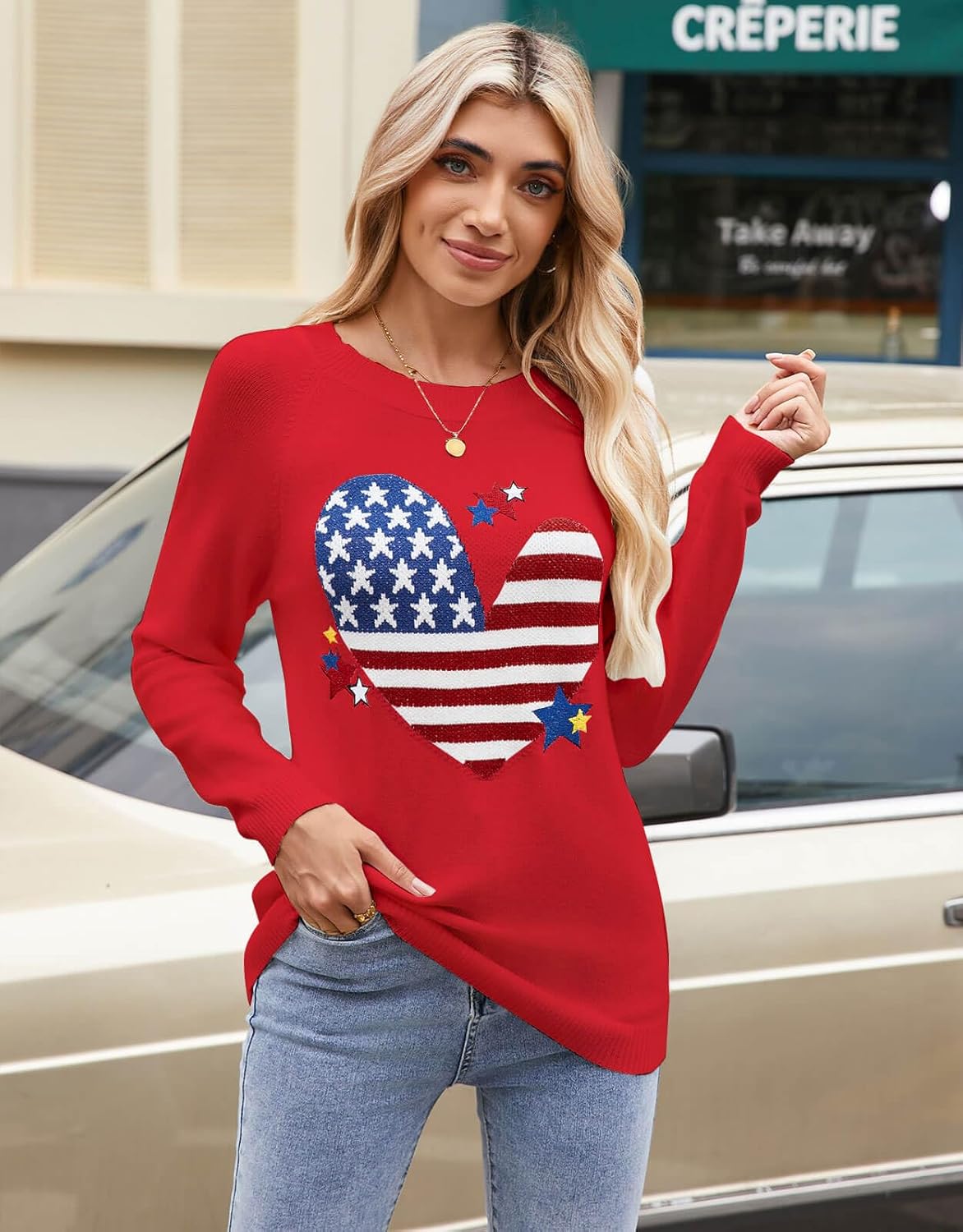 Alsol Lamesa Women's Cute Heart Sweater Long Sleeve Crewneck Pullover Ribbed Knit Casual Sweaters - Image 6