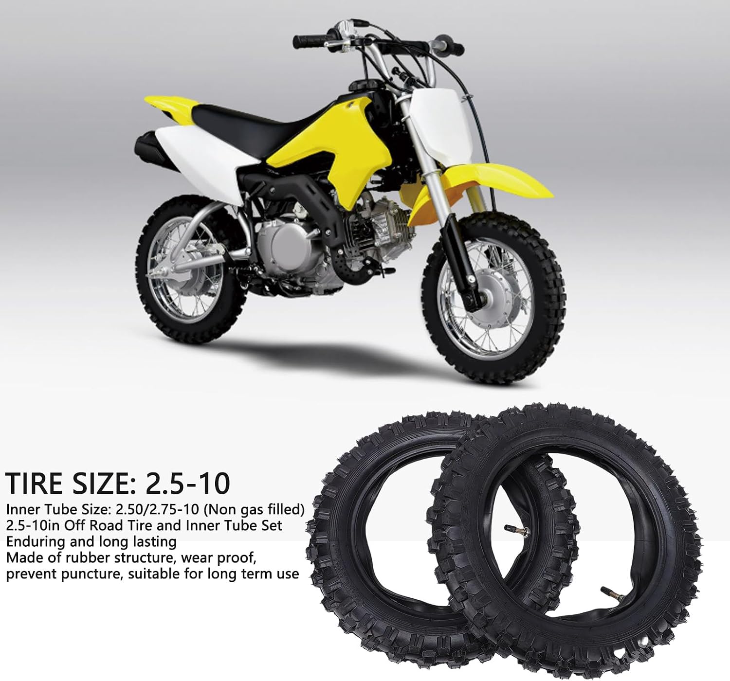 Diydeg Off Road Tire and Inner Tube Set, 2.5 10in Dirt Bike Tire for DRZ70 JR50, 2.5/.75 10 Inner Tube Dirt Bike Electric Scooter