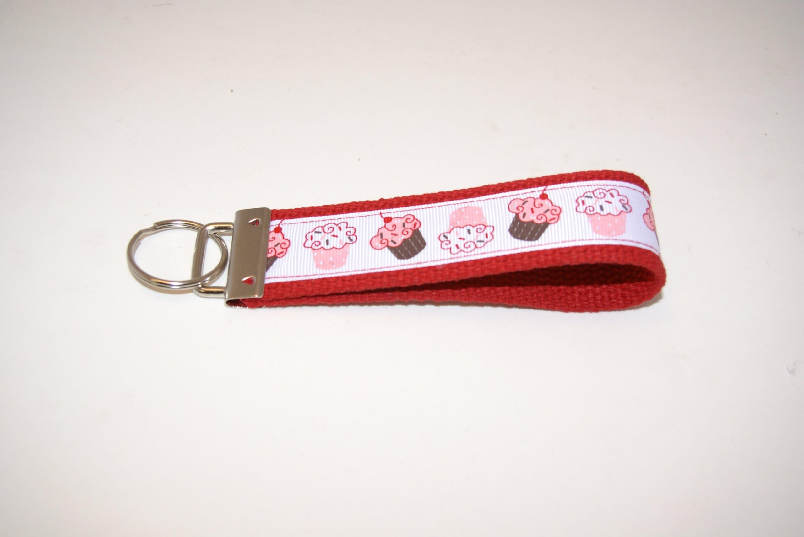 Wristlet Key Fob Larger 6 Inch White Pink Cupcakes Red