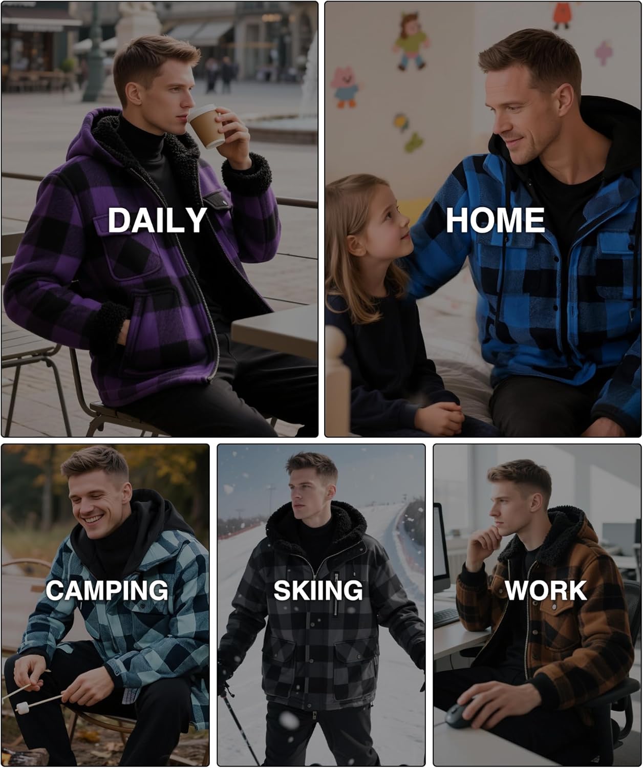 ZITY Mens Sherpa Flannel Shirt Jacket Plaid Fleece Lined Hoodie Full Zip Long Sleeve Winter Warm Coat for Men - Image 2