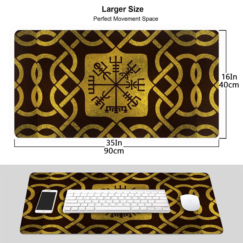 Juego Profesional Extendido Alfombrilla de ratón, Impresión 3D Nórdico Vikingo Brújula Antideslizante Teclado Ratón Alfombrilla, Cibercafé Escritorio Oficina ratón Grande,Amarillo,35 * 16 Inch