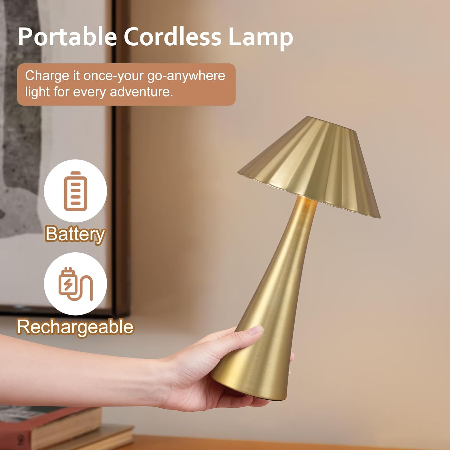 Cordless Rechargeable Table Lamps, Metal LED Desk Lamp with Top Touch Control & Stepless Dimming, Portable Battery-Operated Bedside Lamp for Bedroom, Living Room, Office, Café, Outdoor(Gold)