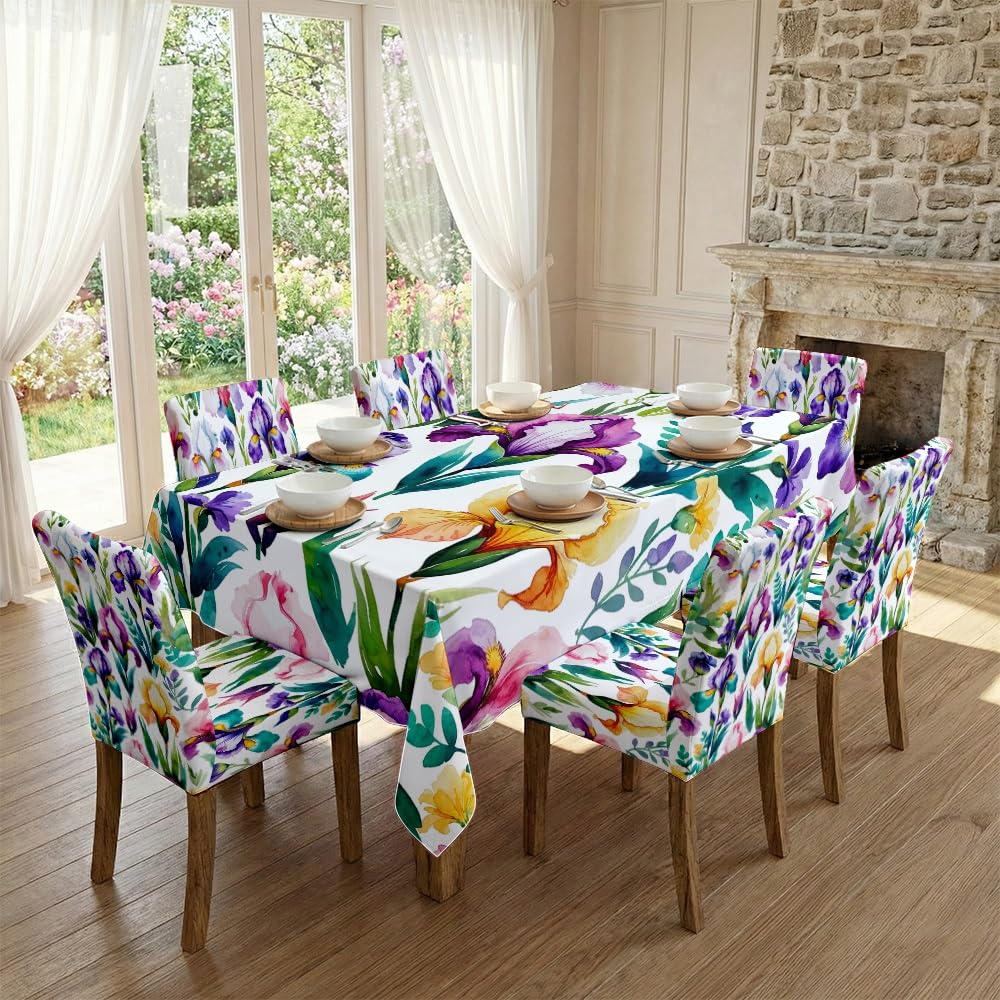 KXUAUV Watercolor Iris Print Tablecloth & Chair Covers Set, Slipcovers For Dining Room, Kitchen, Garden & Cottage Decor, 5/7 Pack Party Decor(7pcs Set: Tablecloth+Chair Covers)