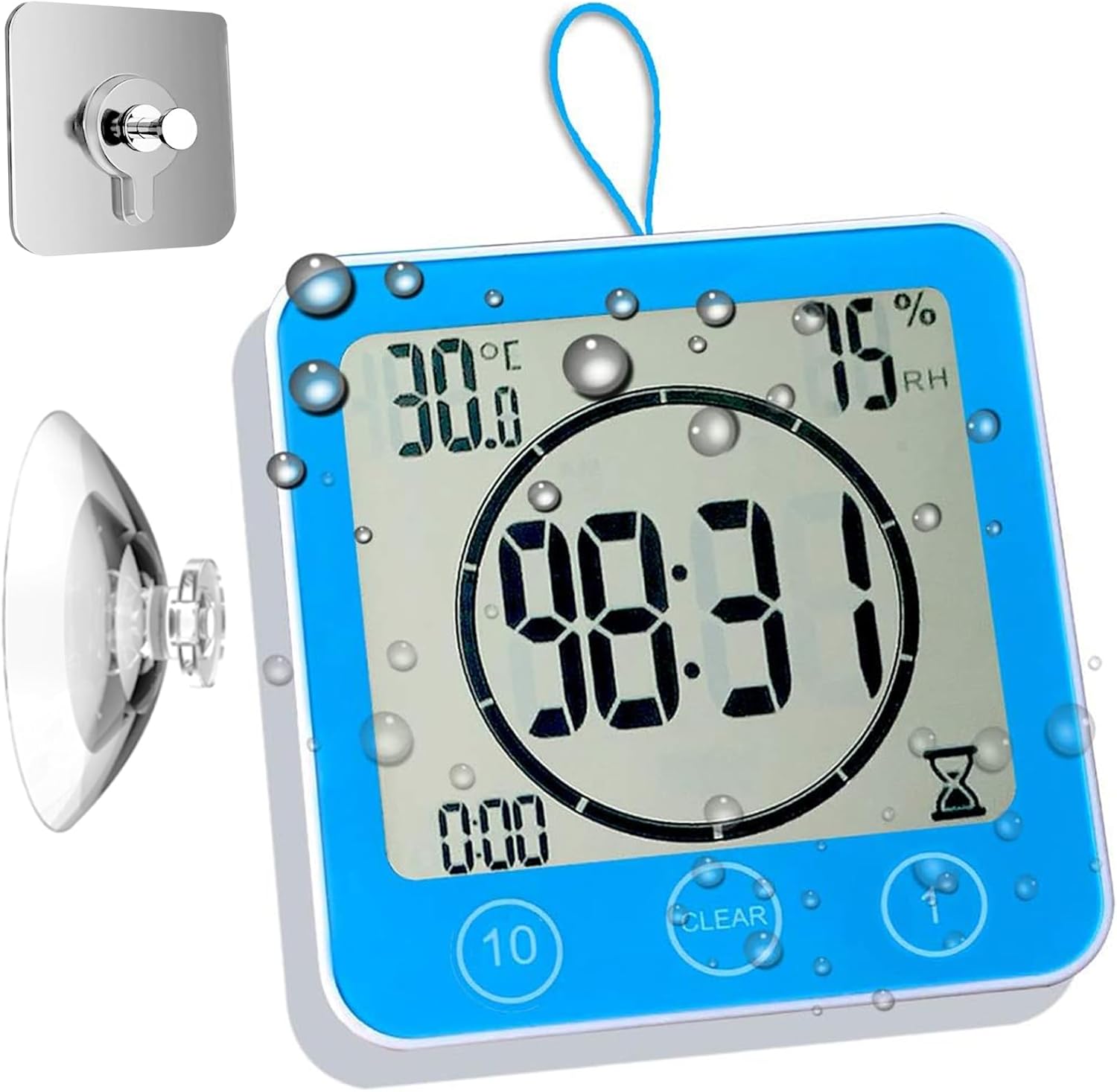 Waterproof Hanging Wall Clock Shower Timer, Large Digital Bathroom Alarm Clock for Kids, Big Visual Kitchen Cooking Countdown Timer, Bath Temperature Humidity Meter Mirror Suction Cup Timer (Blue)