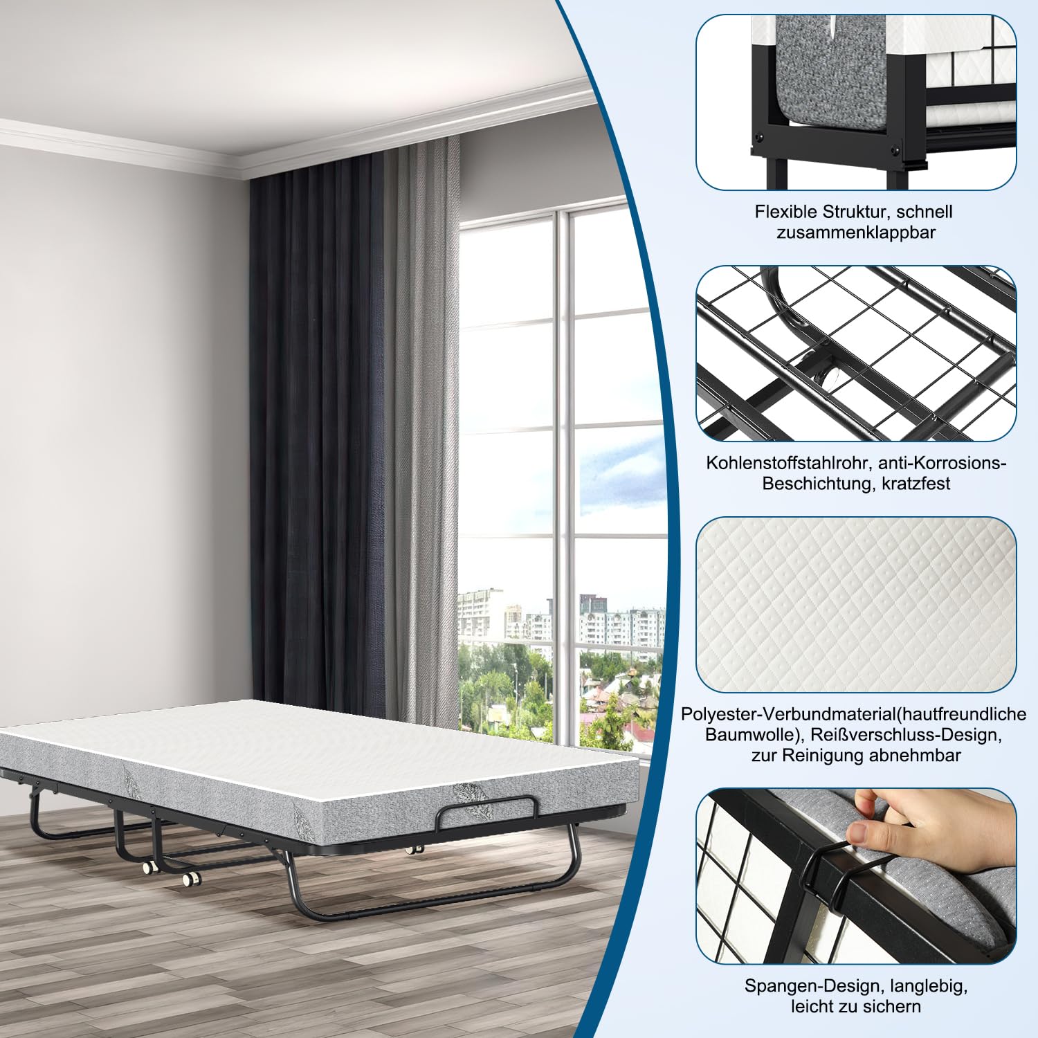 ISOSIL Klappbett 90x200cm Gästebett Klappbarer mit 13CM Schaumstoffmatratze Gästebett Klappbarer Metallbettrahmen Klappbett mit Rollen Klappbares Metallbett 200 kg Belastbarkeit Staubs