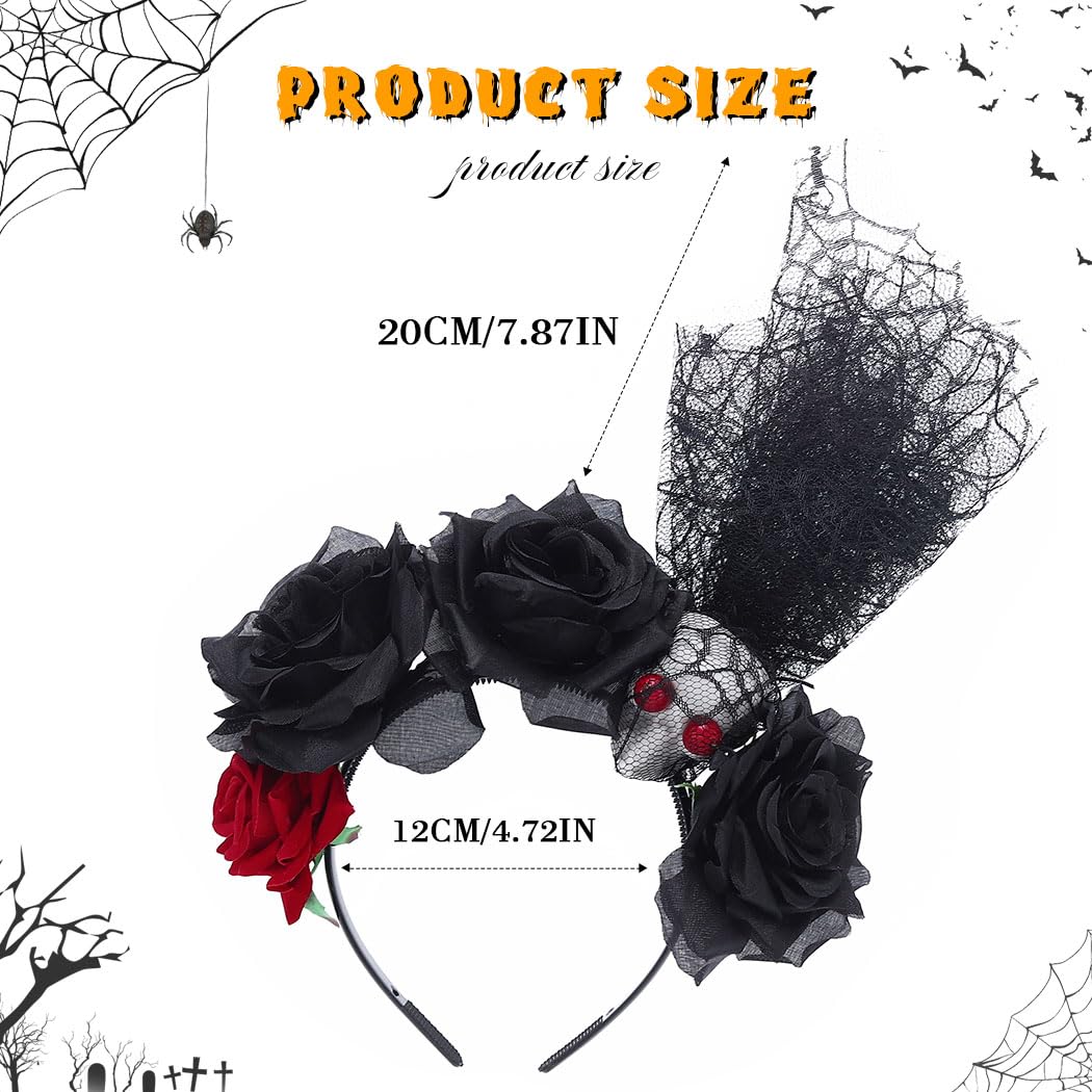 Zoestar Halloween Headband Mexican Rose Flower Hair Bands Skull Veil Hair Hoop Day of The Dead Party Costume Hair Accessories for Women - Image 4