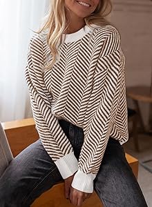 Dokotoo Women's Crewneck Cute Sweaters 2024 Striped Colorblock Fall Winter Knitted Pullover Tops