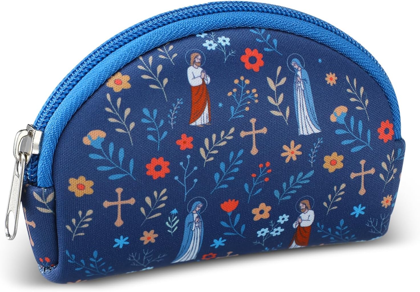 Sanwuta Catholic Rosary Pouch for Women Men Zippered Pouches Bead Holder Bag with Cross Jesus Our Lady Floral Print Blue Rosarios Religious Accessory Carriers for Christian Catholic Gift