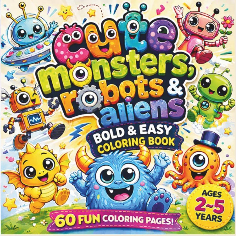 Cute Monsters, Robots & Aliens Coloring Book: Bold & Easy Coloring Book for Kids Ages 2-5